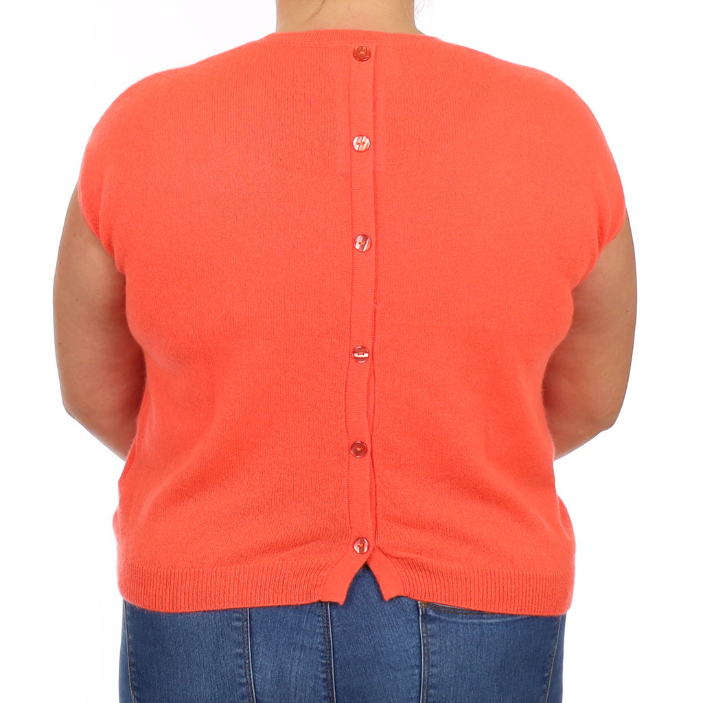 Neon Coral Orange Cashmere Crew Neck Sleeveless Jumper Large