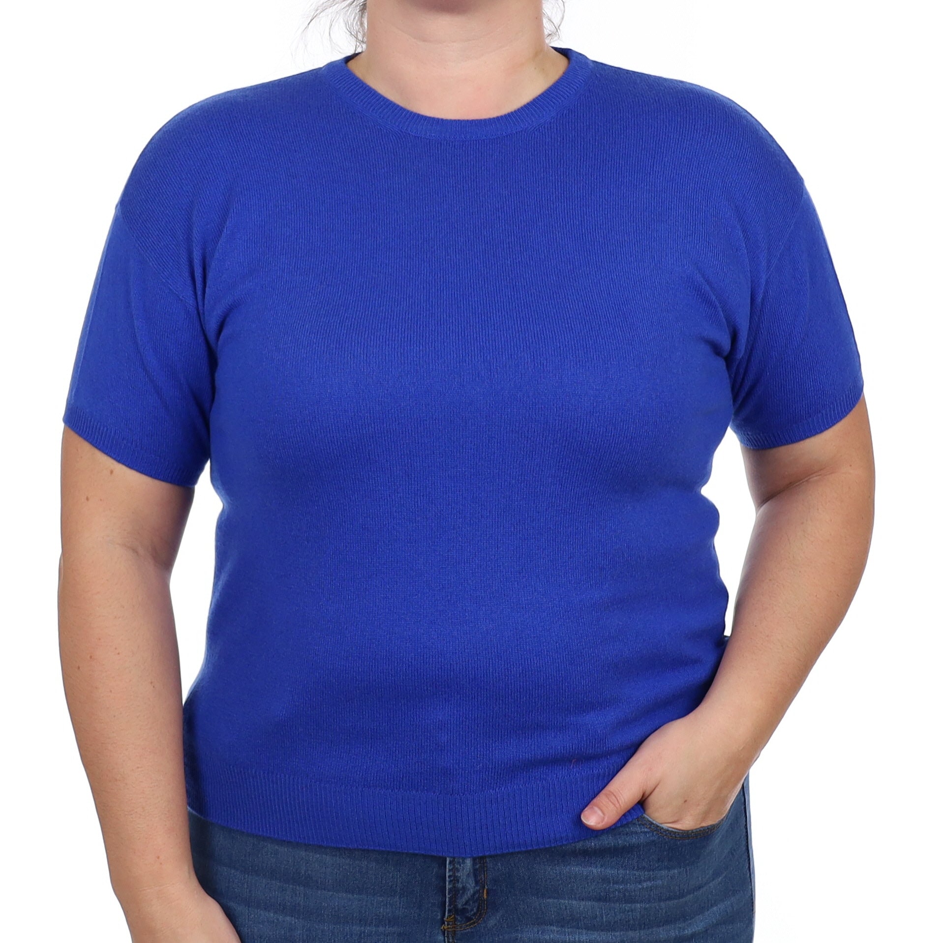 Cobalt Blue Cashmere Crew Neck Short Sleeved Jumper Large