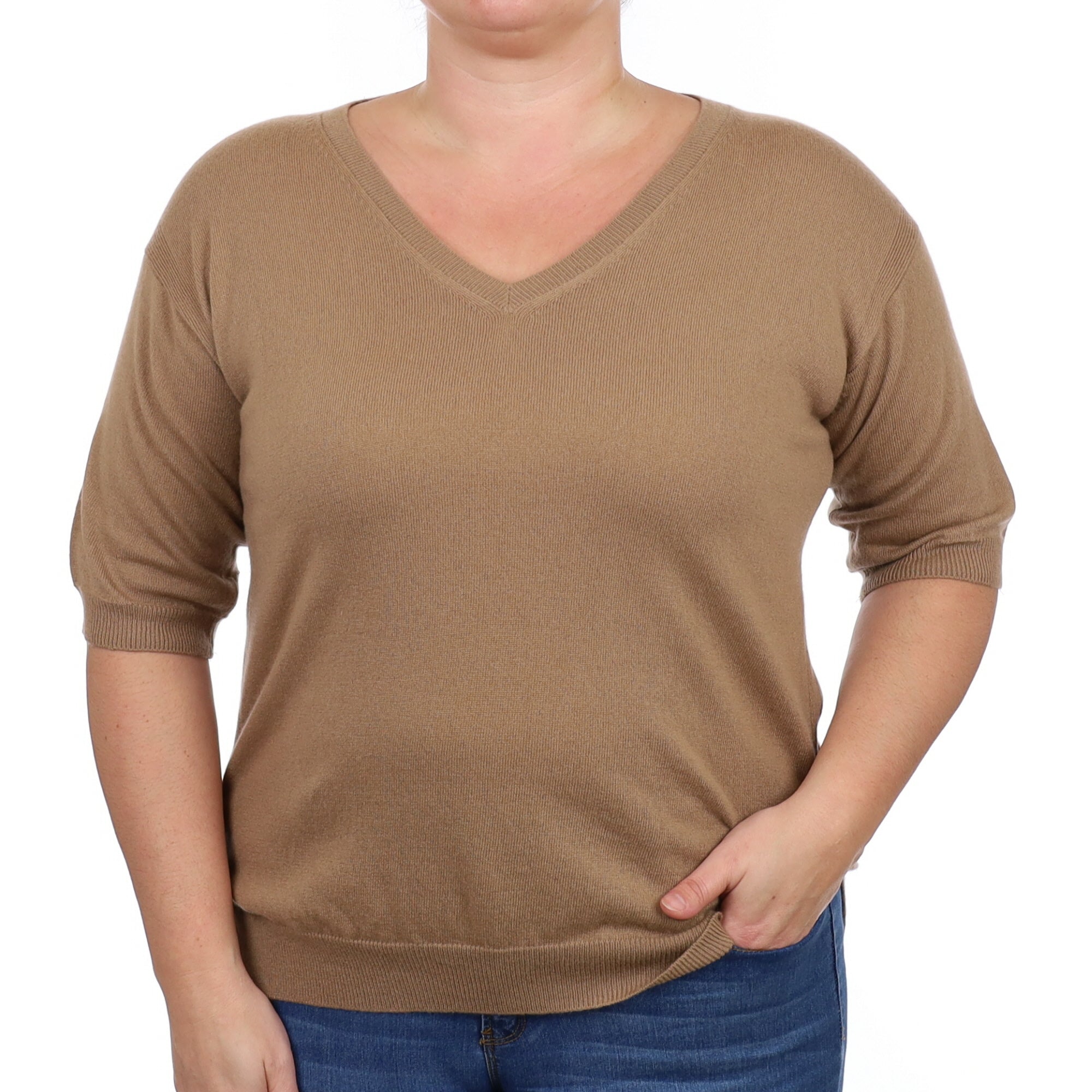 Prada Toffee Brown Cashmere V Neck Short Sleeved Jumper Large