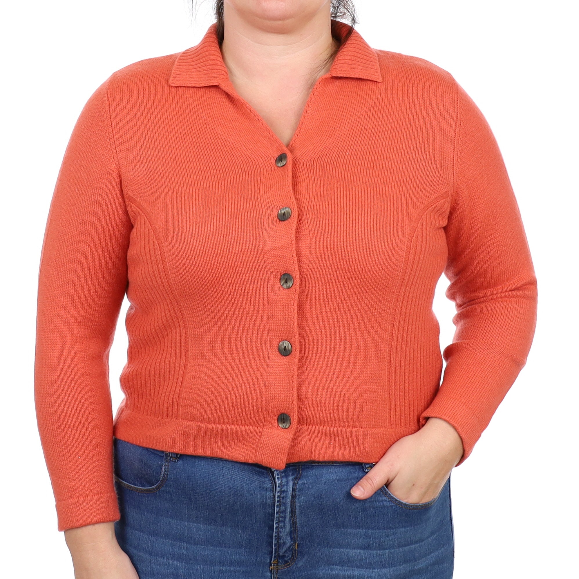 Coral Orange Cashmere Collared V Neck Cardigan Large