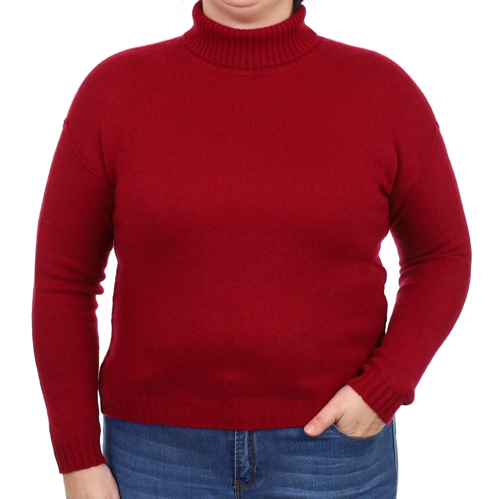 Deep Crimson Red Cashmere Polo Neck Jumper Large