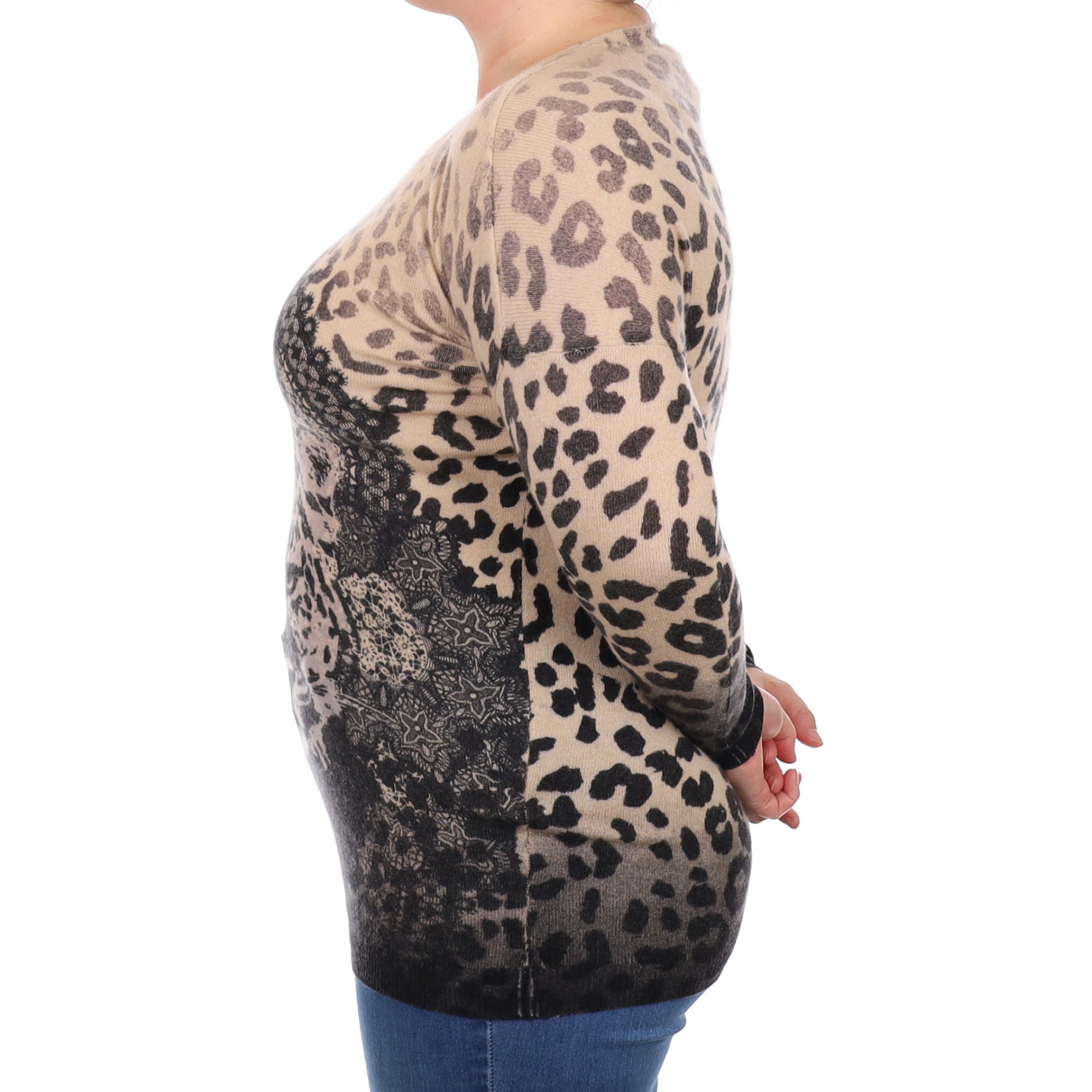 Fawn and Charcoal Leopard Design Cashmere Crew Neck Jumper Large