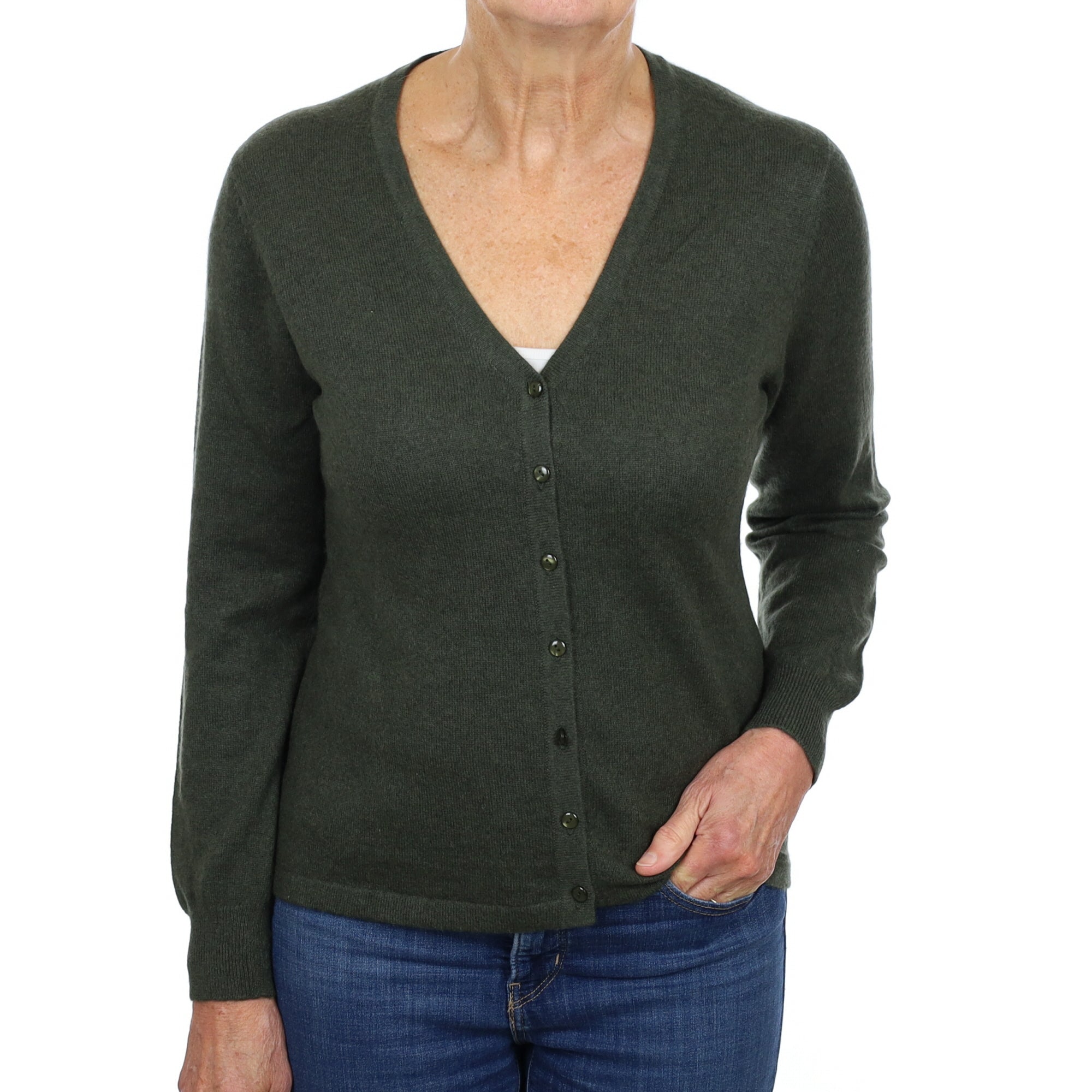 Deep Khaki Green Cashmere V Neck Cardigan Medium