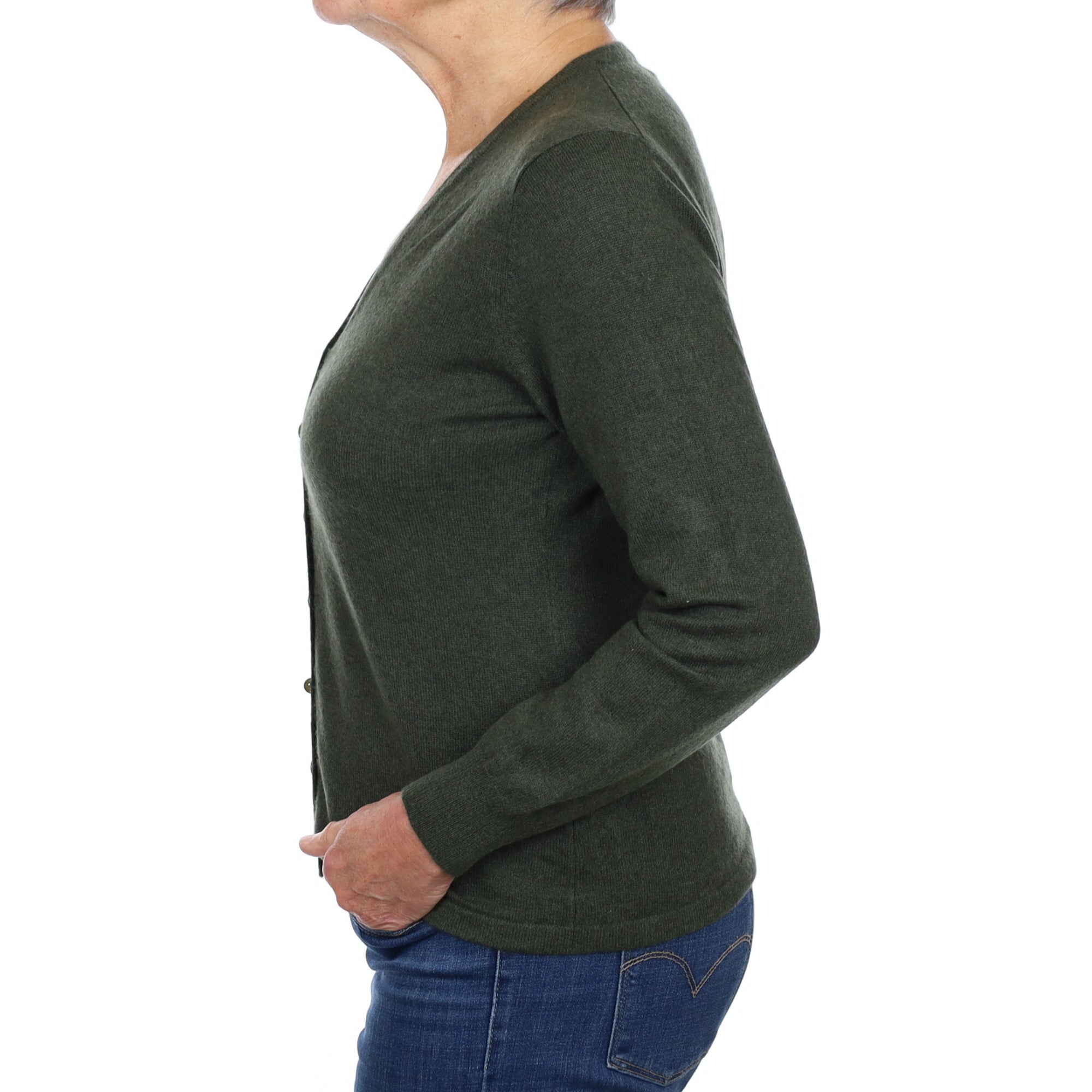 Deep Khaki Green Cashmere V Neck Cardigan Medium