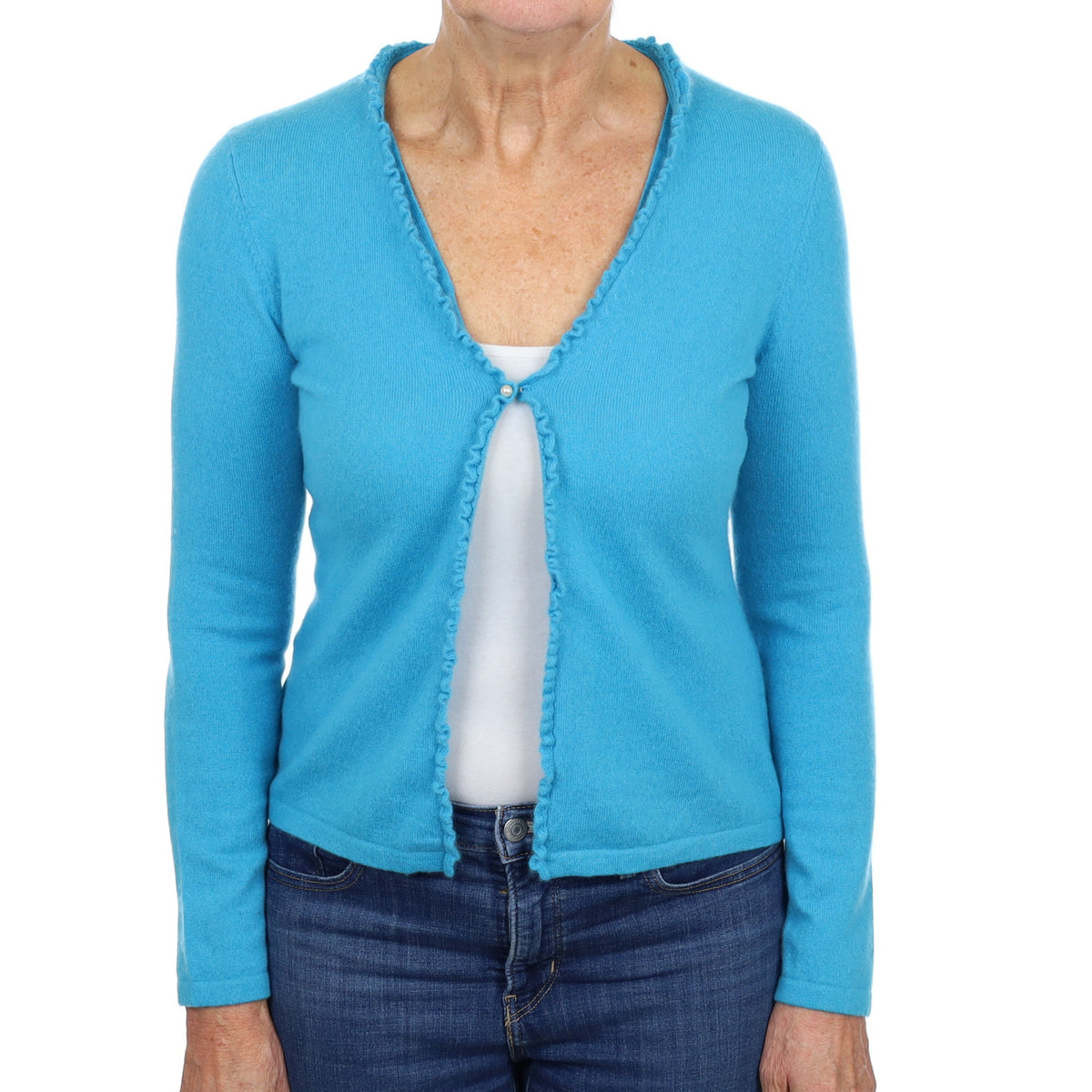 Turquoise Blue Cashmere Frill Edged V Neck Cardigan Medium