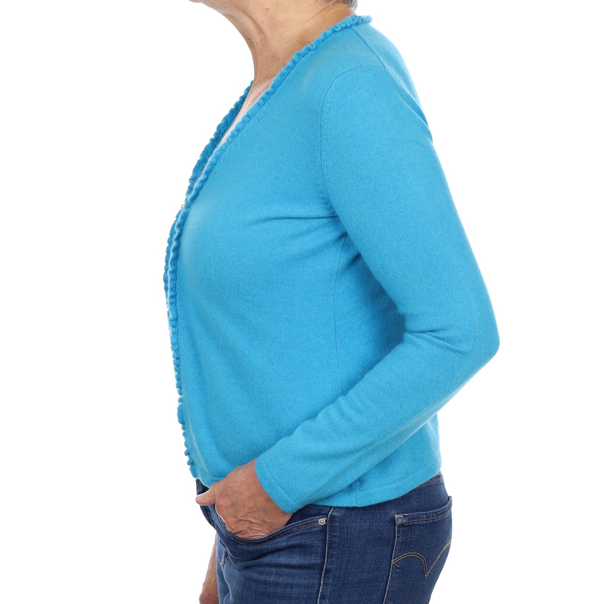 Turquoise Blue Cashmere Frill Edged V Neck Cardigan Medium