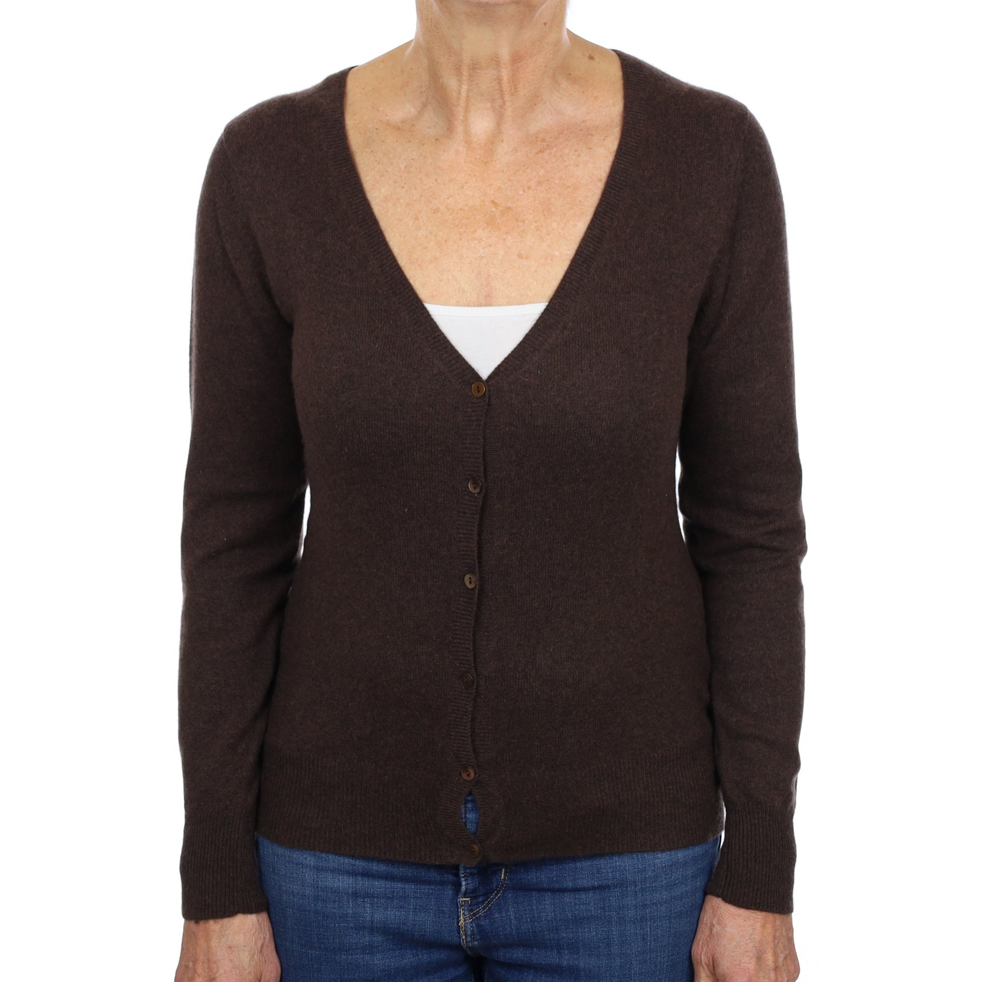 Yorn Peppercorn Brown Cashmere V Neck Cardigan Medium