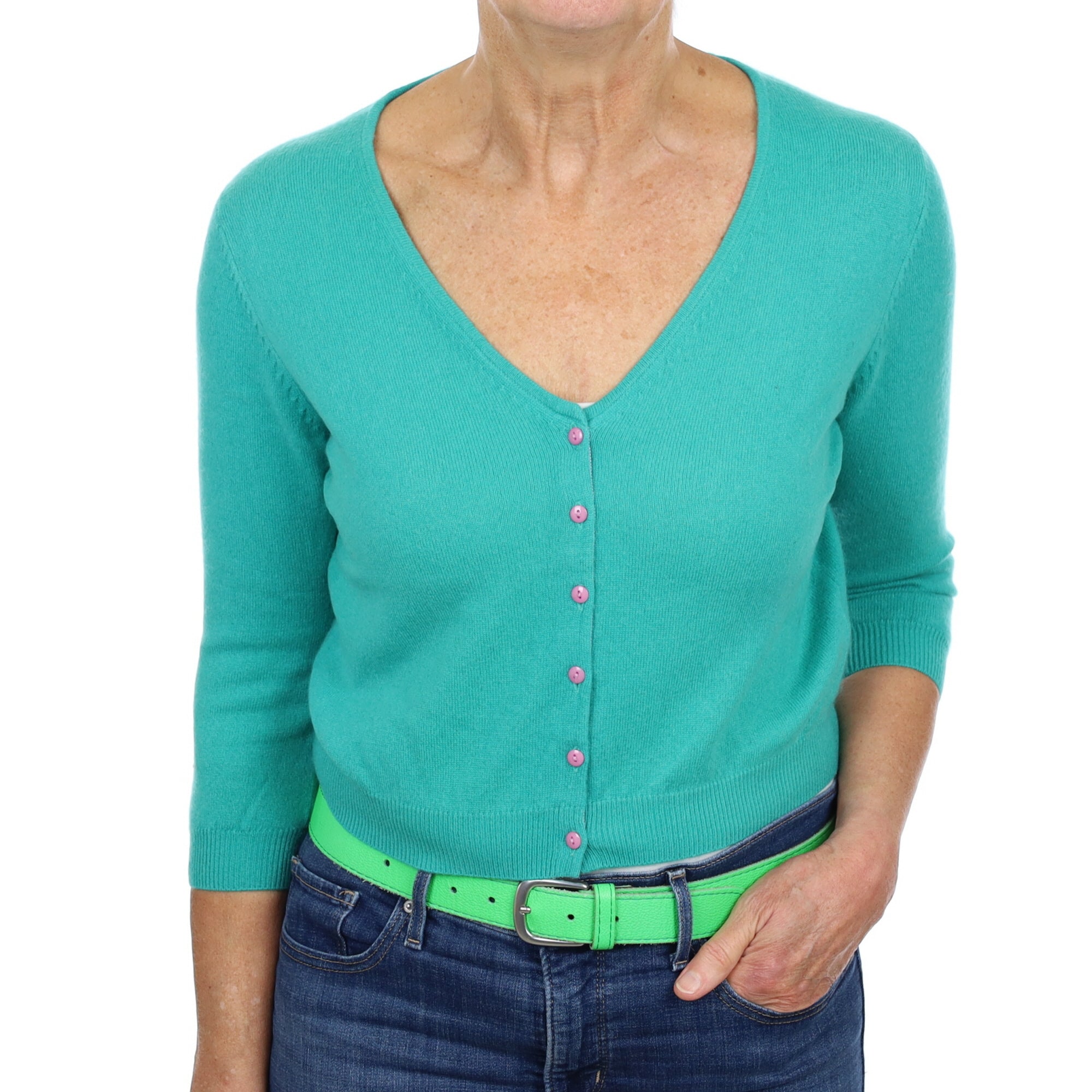 Turquoise Green Cashmere V Neck Cardigan Medium