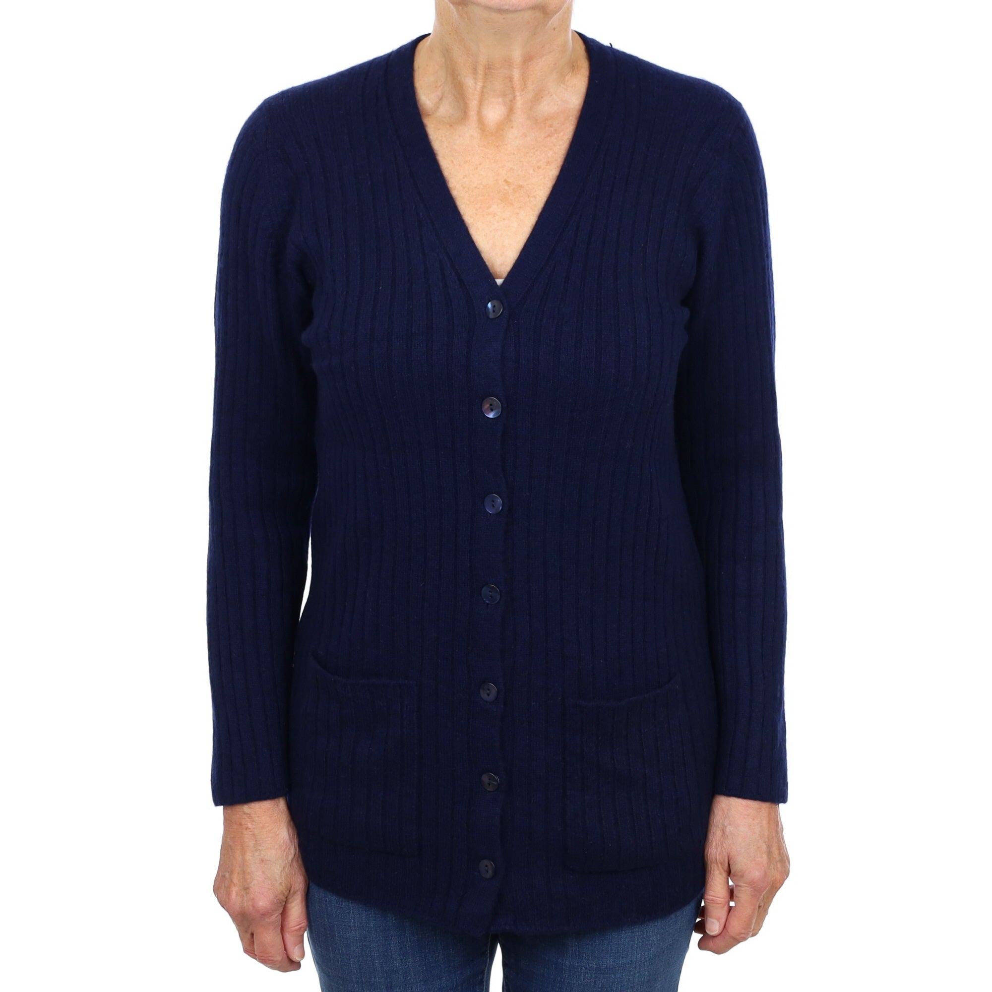 Scottish Brora Navy Blue Cashmere V Neck Ribbed Knit Cardigan Medium