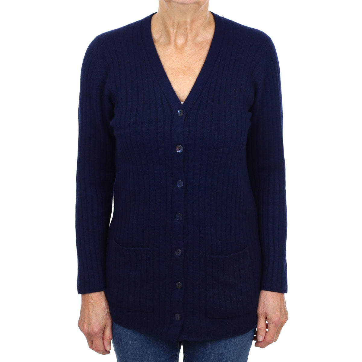 Scottish Brora Navy Blue Cashmere V Neck Ribbed Knit Cardigan Medium