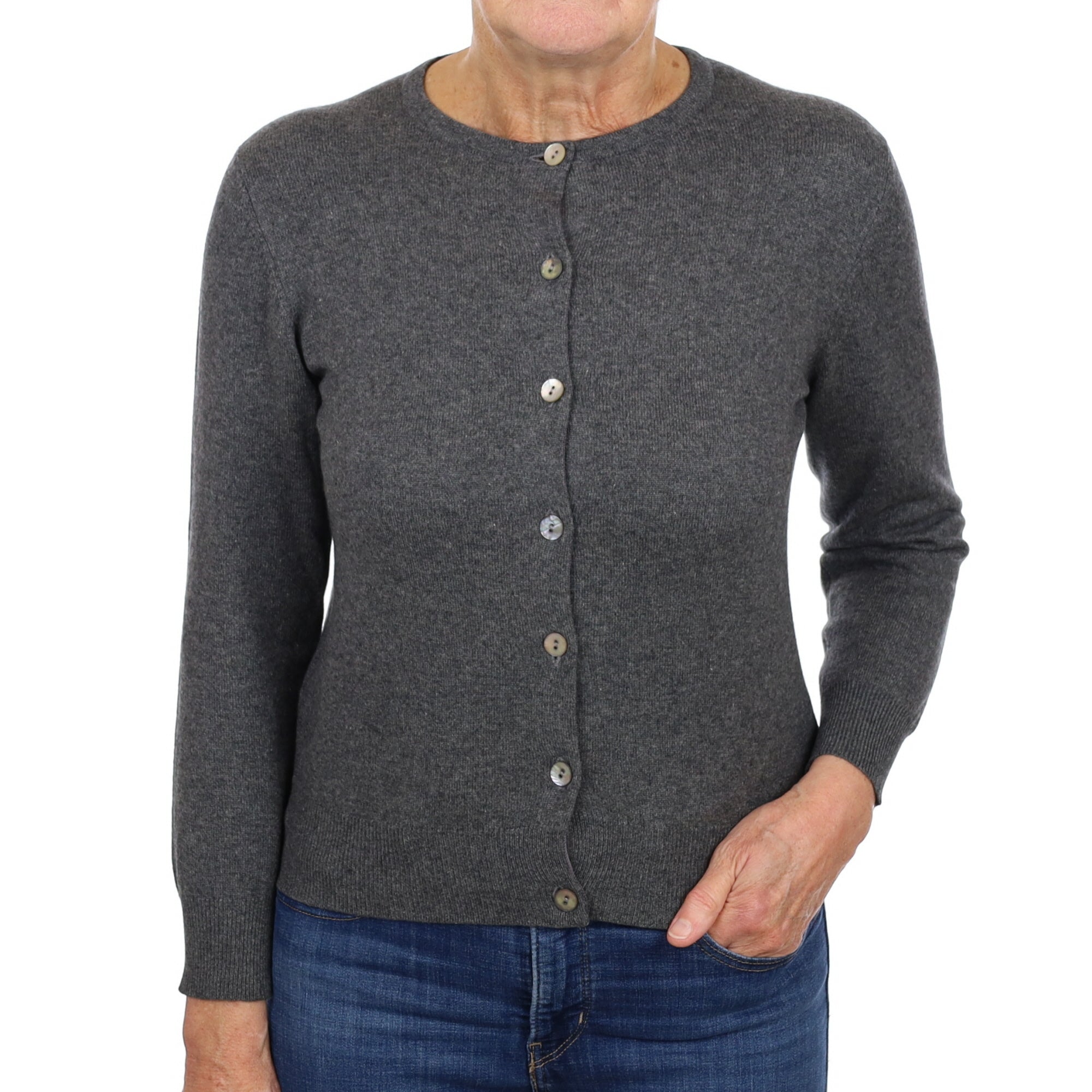 Slate Grey Cashmere Crew Neck Cardigan Medium