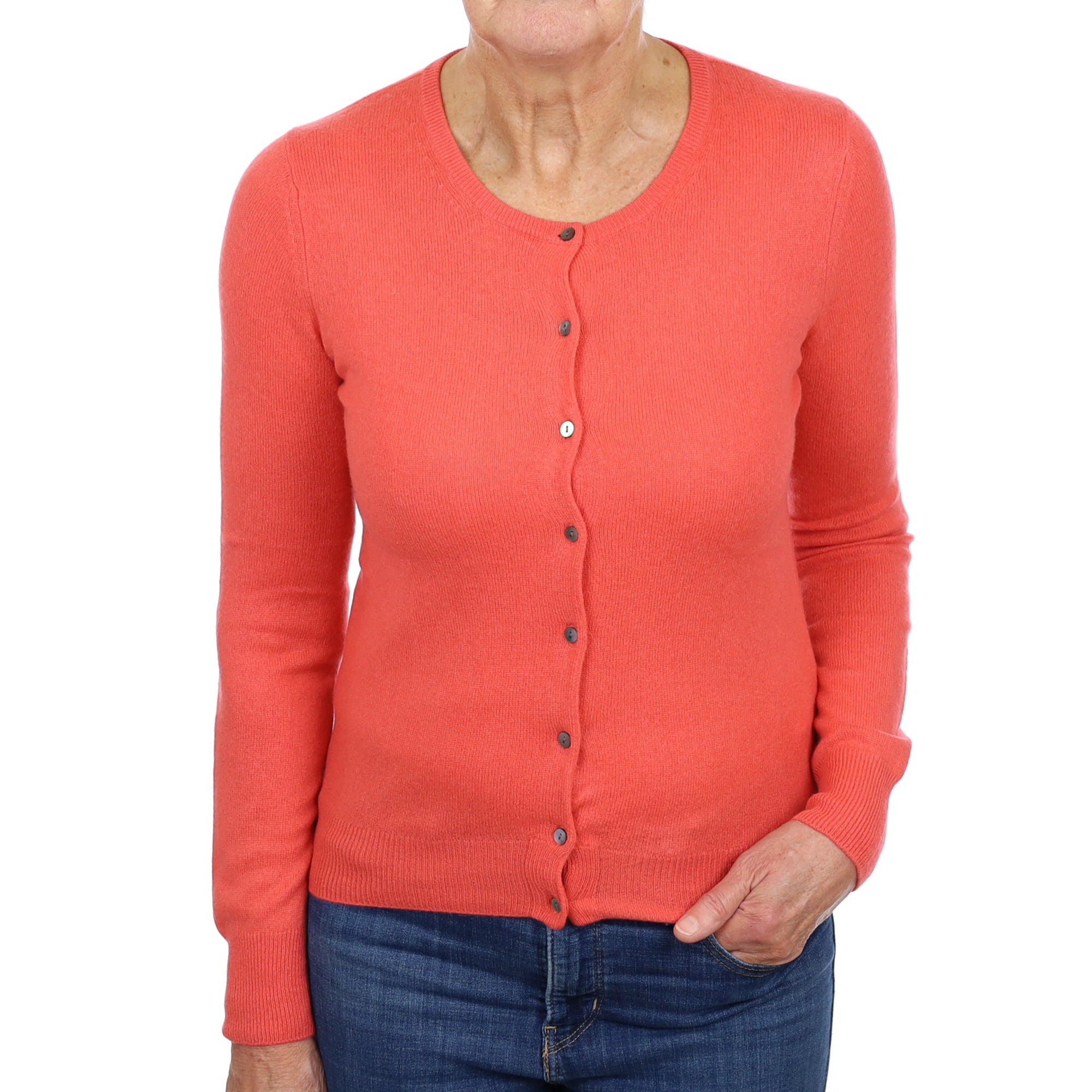 Neon Coral Pink Cashmere Crew Neck Cardigan Medium