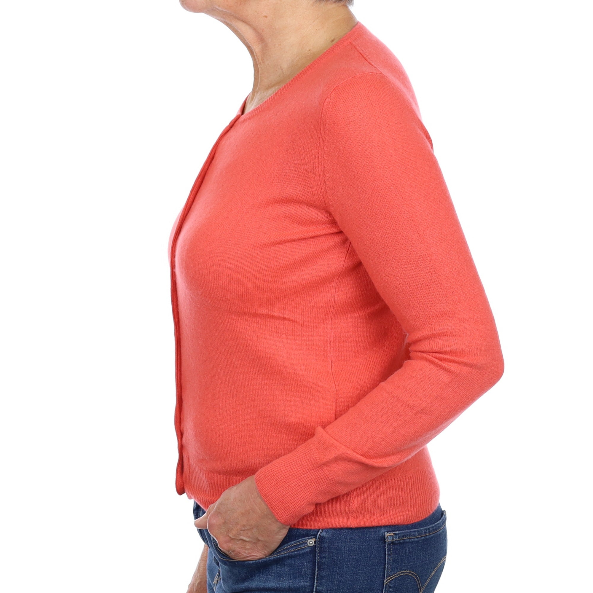 Neon Coral Pink Cashmere Crew Neck Cardigan Medium