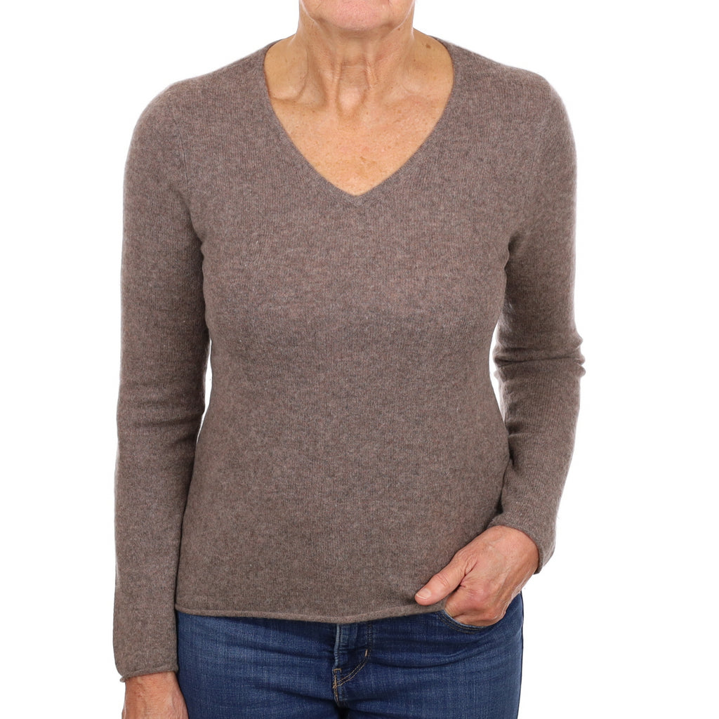 Mocha Brown Cashmere V Neck Jumper Medium