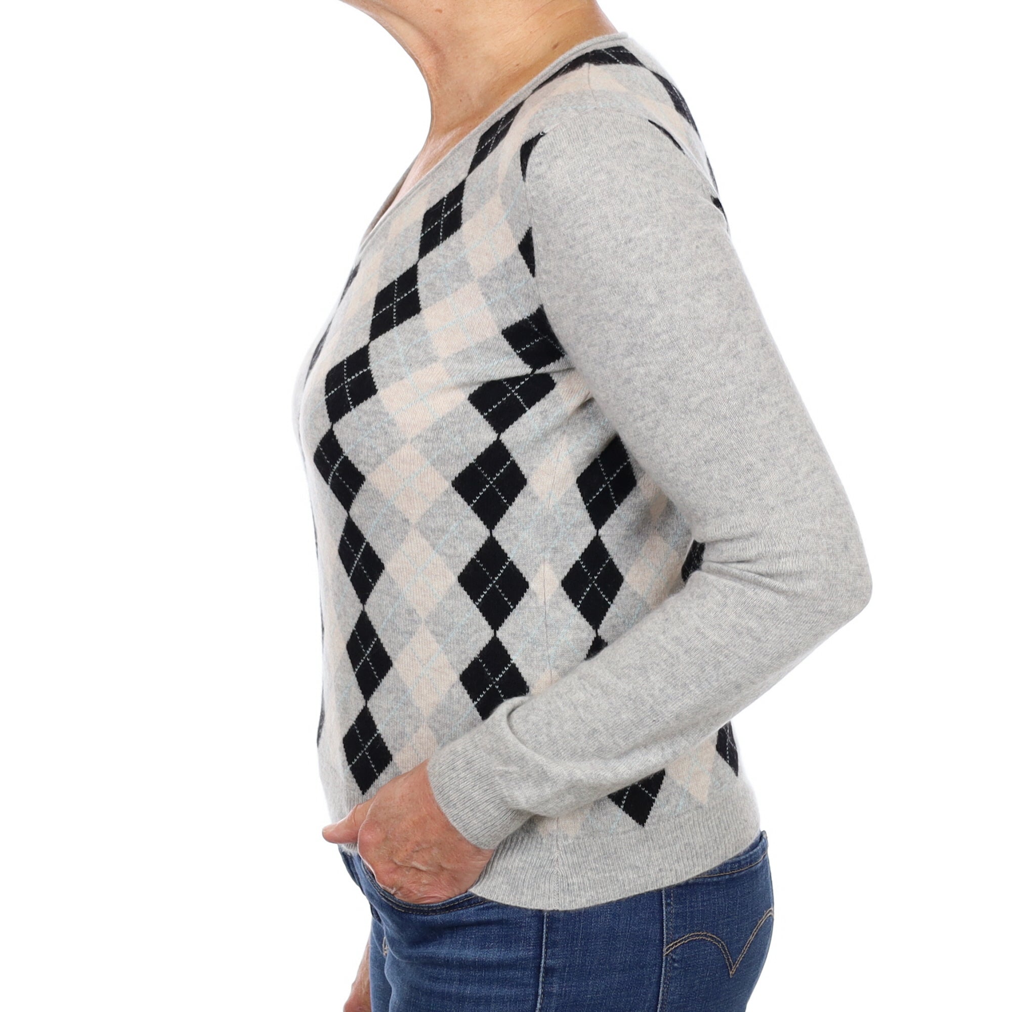 Smoke Grey Argyle Patterned Cashmere V Neck Jumper Medium