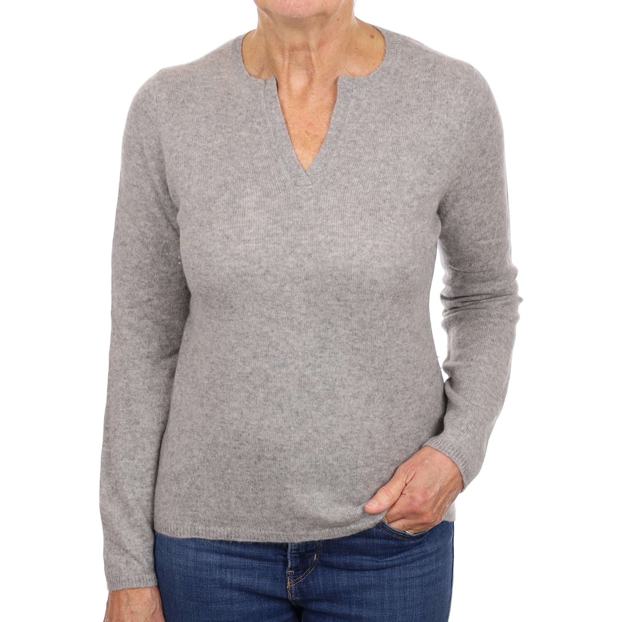 Smoke Grey Cashmere Notch V Neck Jumper Medium