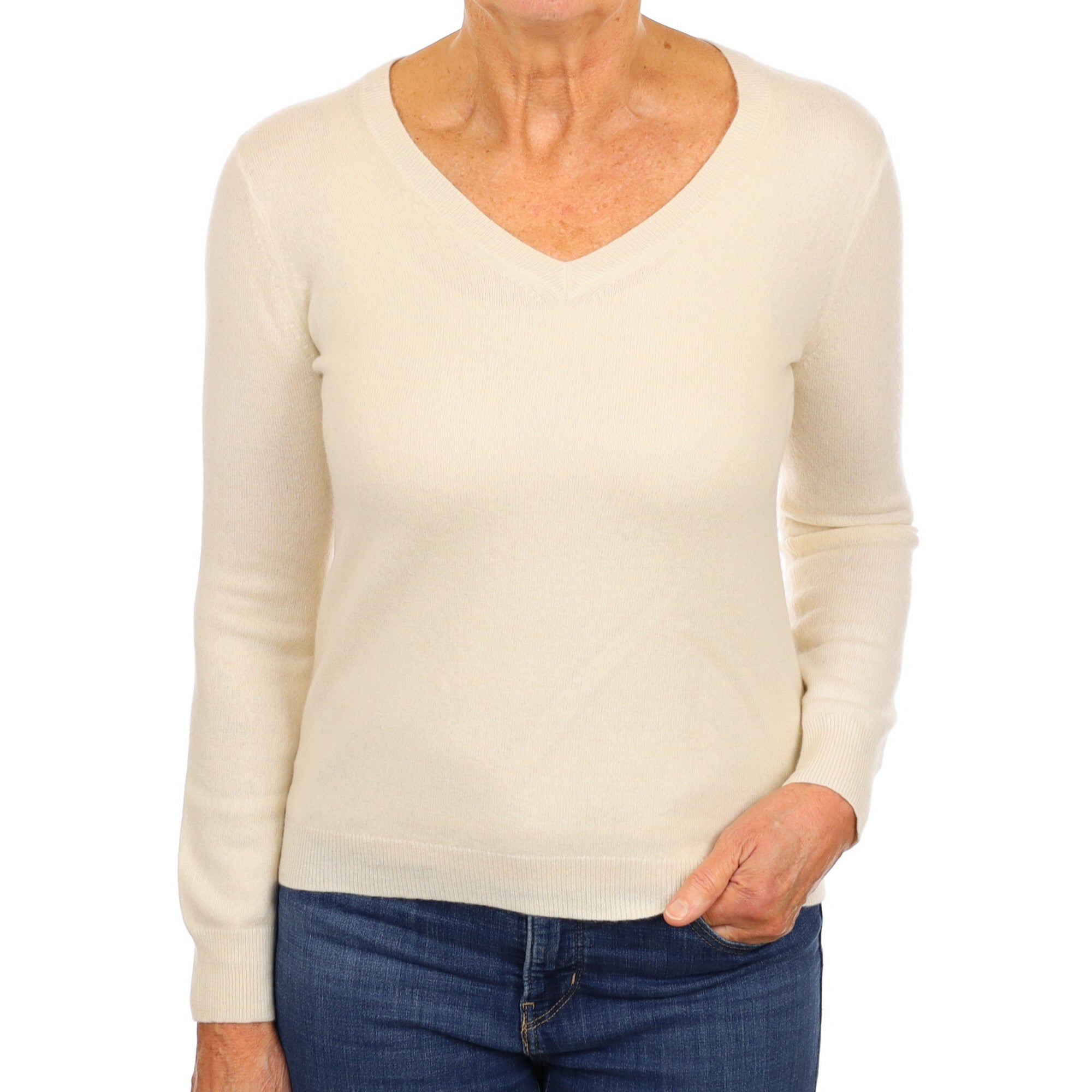 Vanilla Cream Cashmere V Neck Jumper Medium