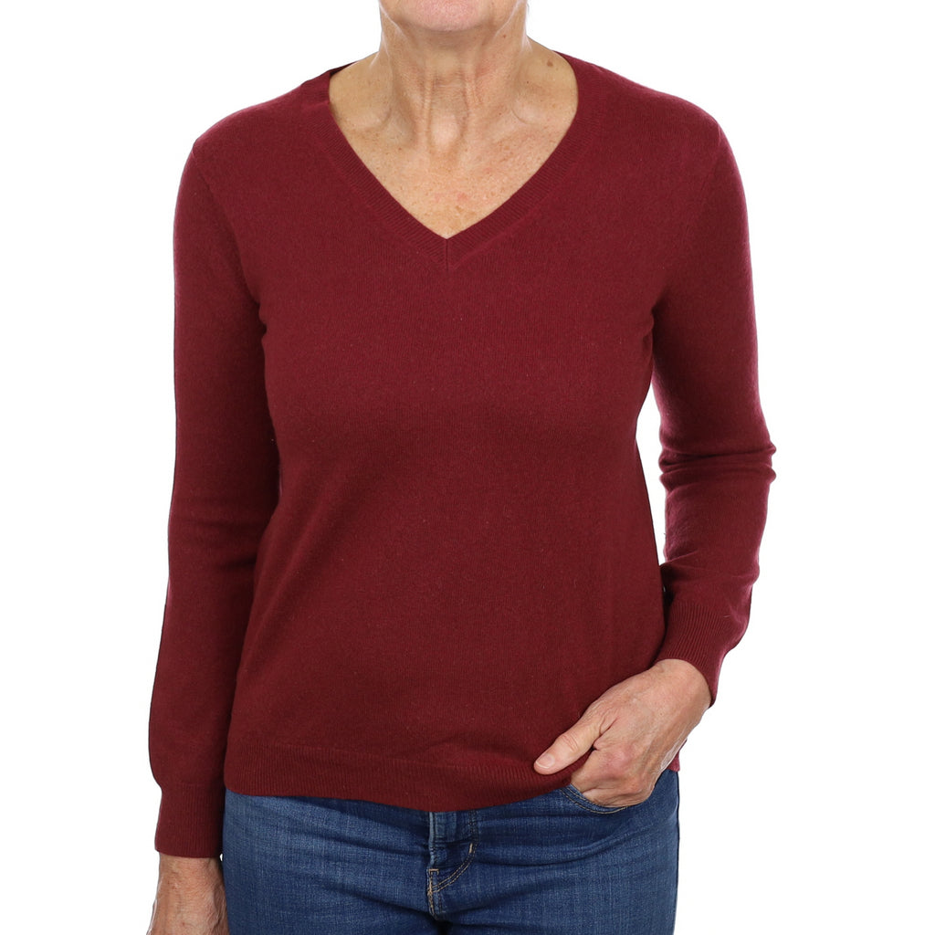 Burgundy Red Cashmere V Neck Jumper Medium