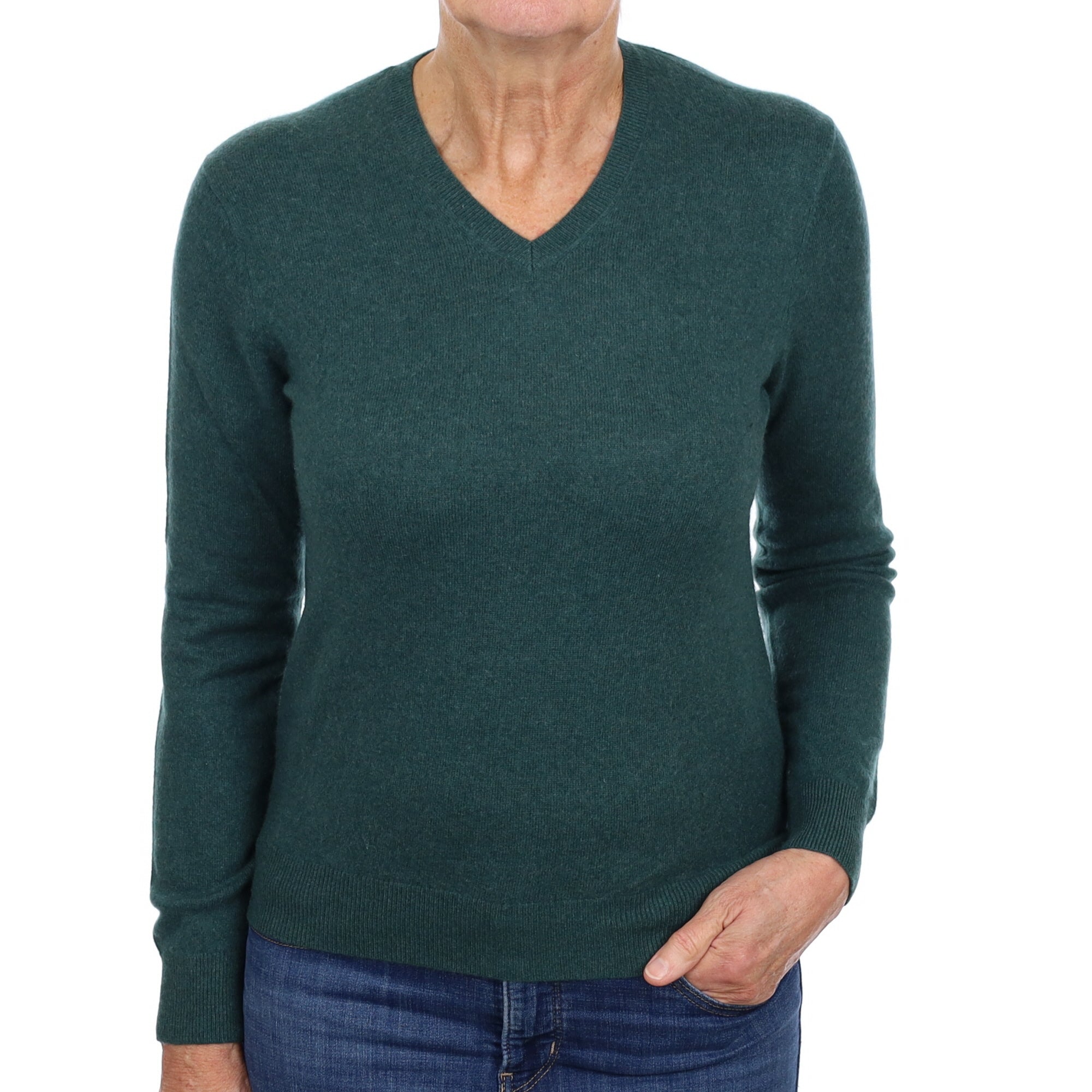 Forest Green Cashmere V Neck Jumper Medium