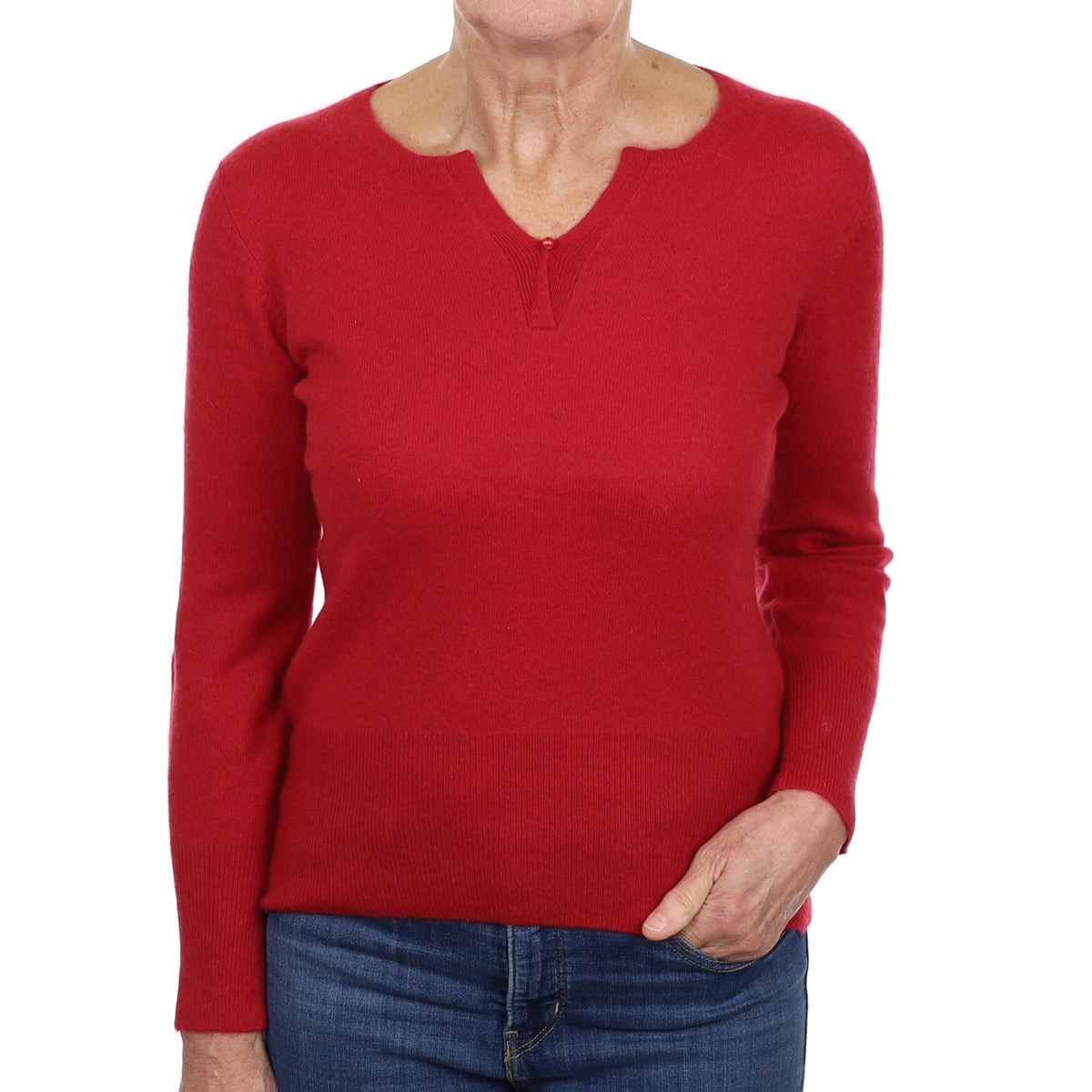 Post Box Red Cashmere Notch V Neck Jumper Medium