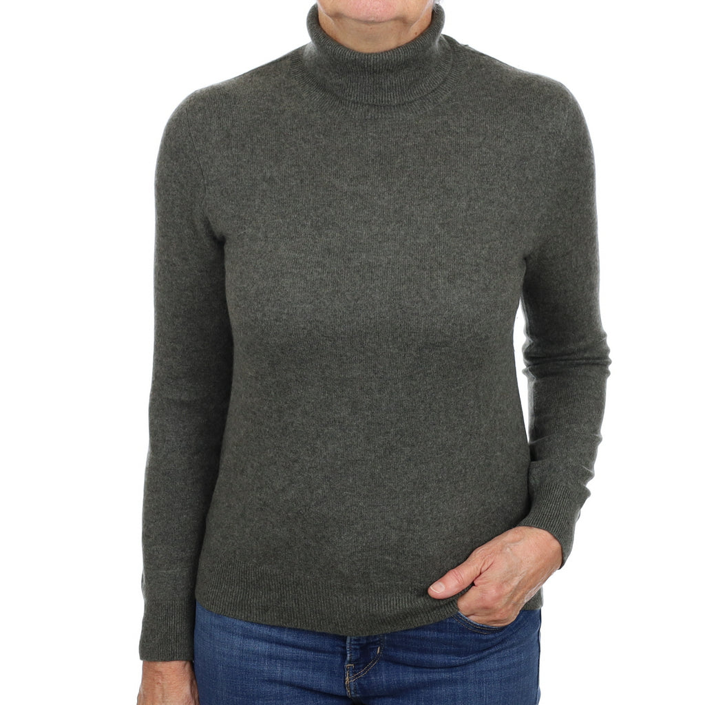 Deep Moss Green Cashmere Polo Neck Jumper Medium