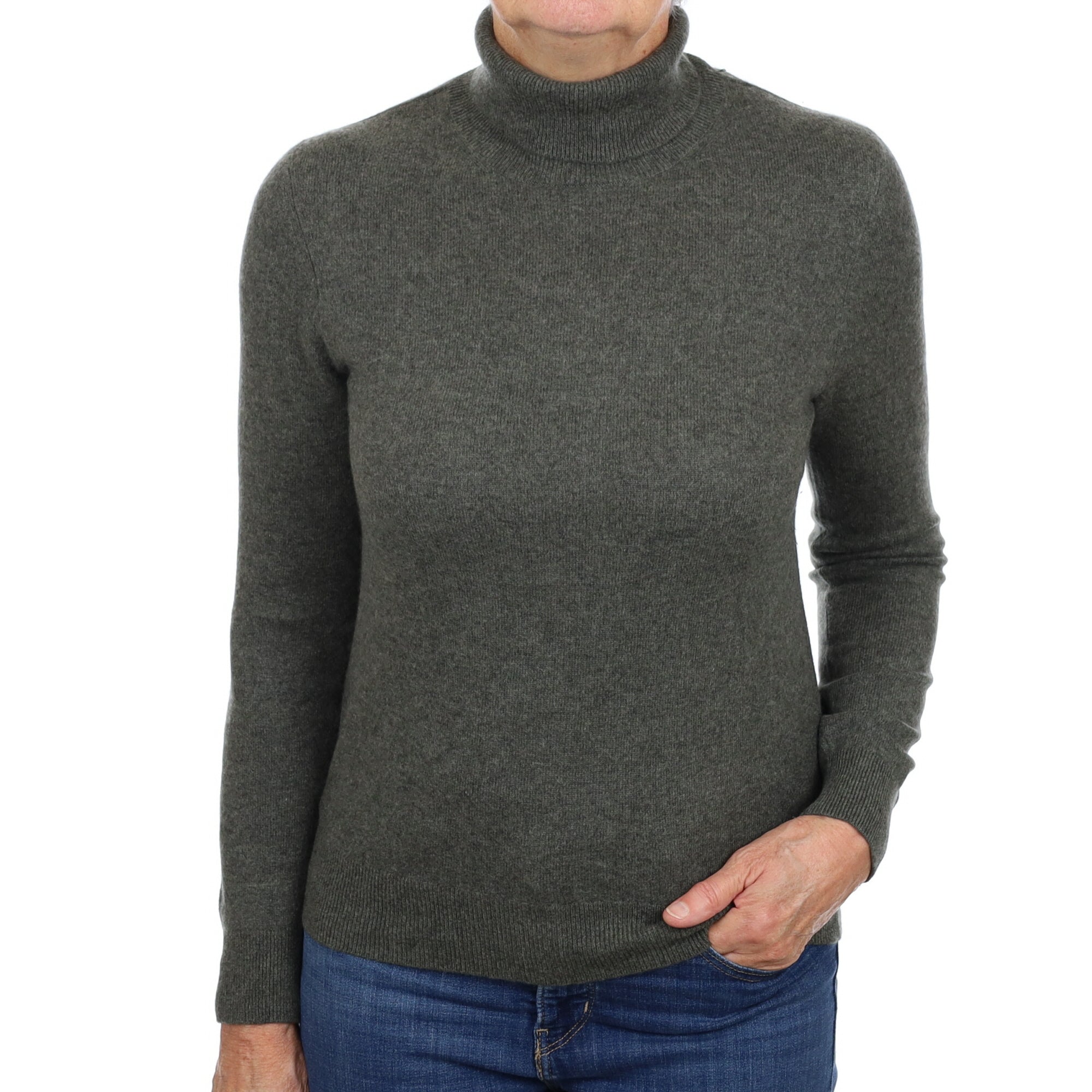 Deep Moss Green Cashmere Polo Neck Jumper Medium