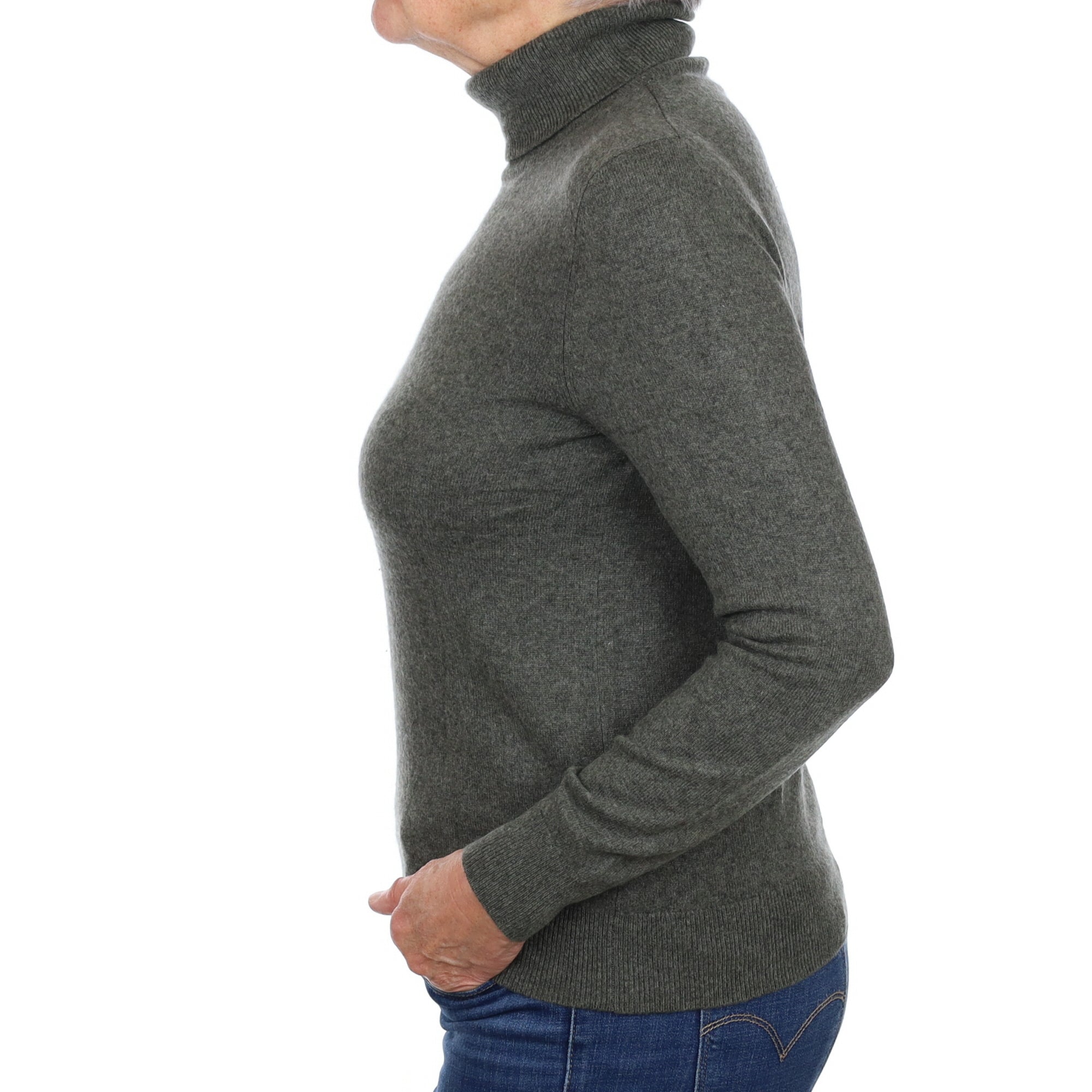 Deep Moss Green Cashmere Polo Neck Jumper Medium