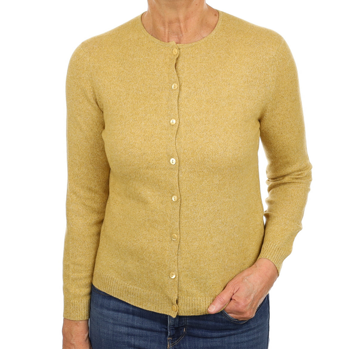 Flaxen Yellow Marl Cashmere Crew Neck Cardigan Medium
