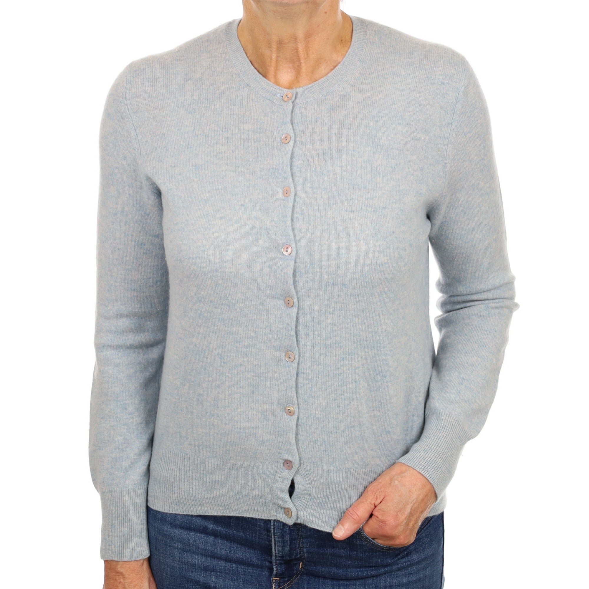 Opal Blue Marl Cashmere Crew Neck Cardigan Medium