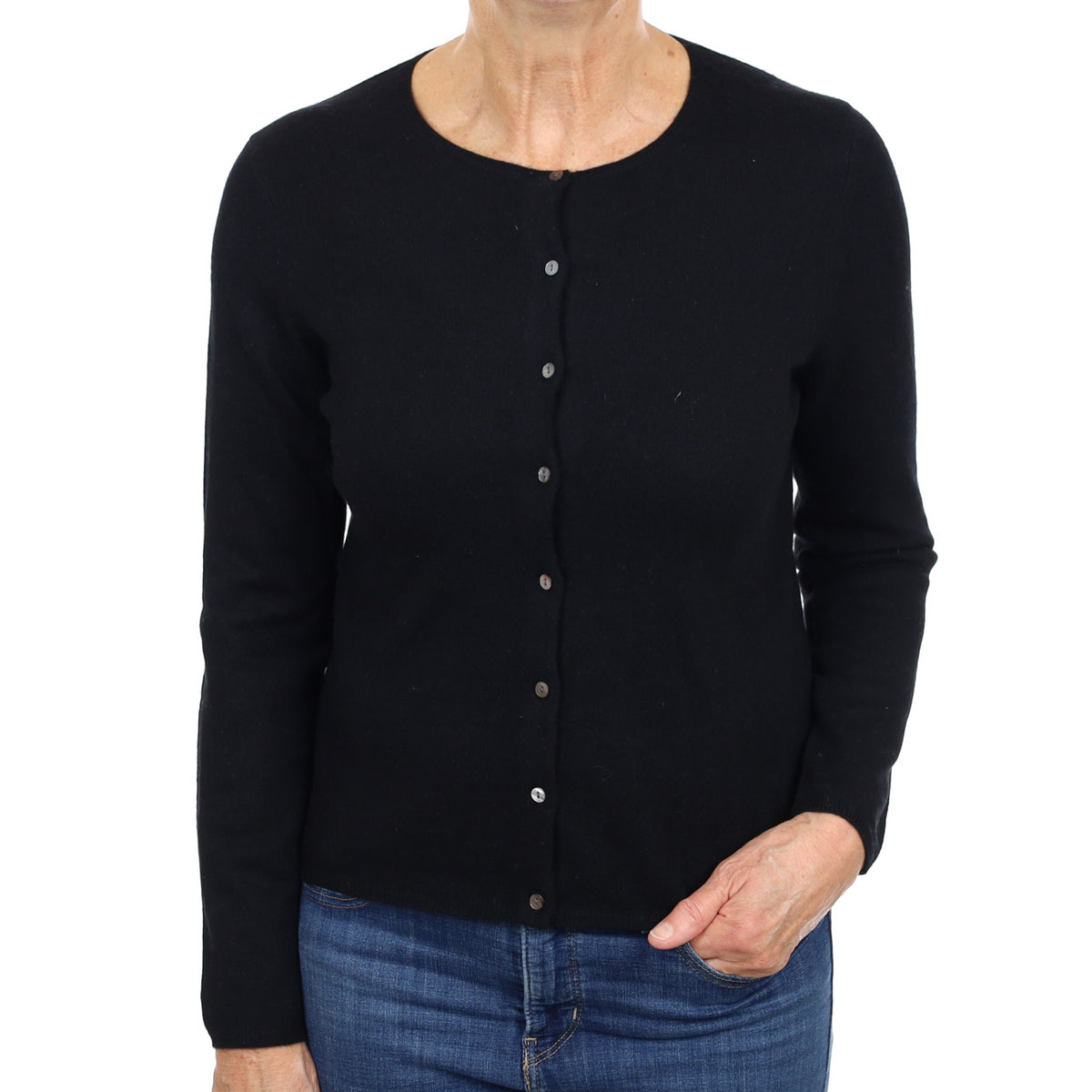 Black Cashmere Crew Neck Cardigan Medium