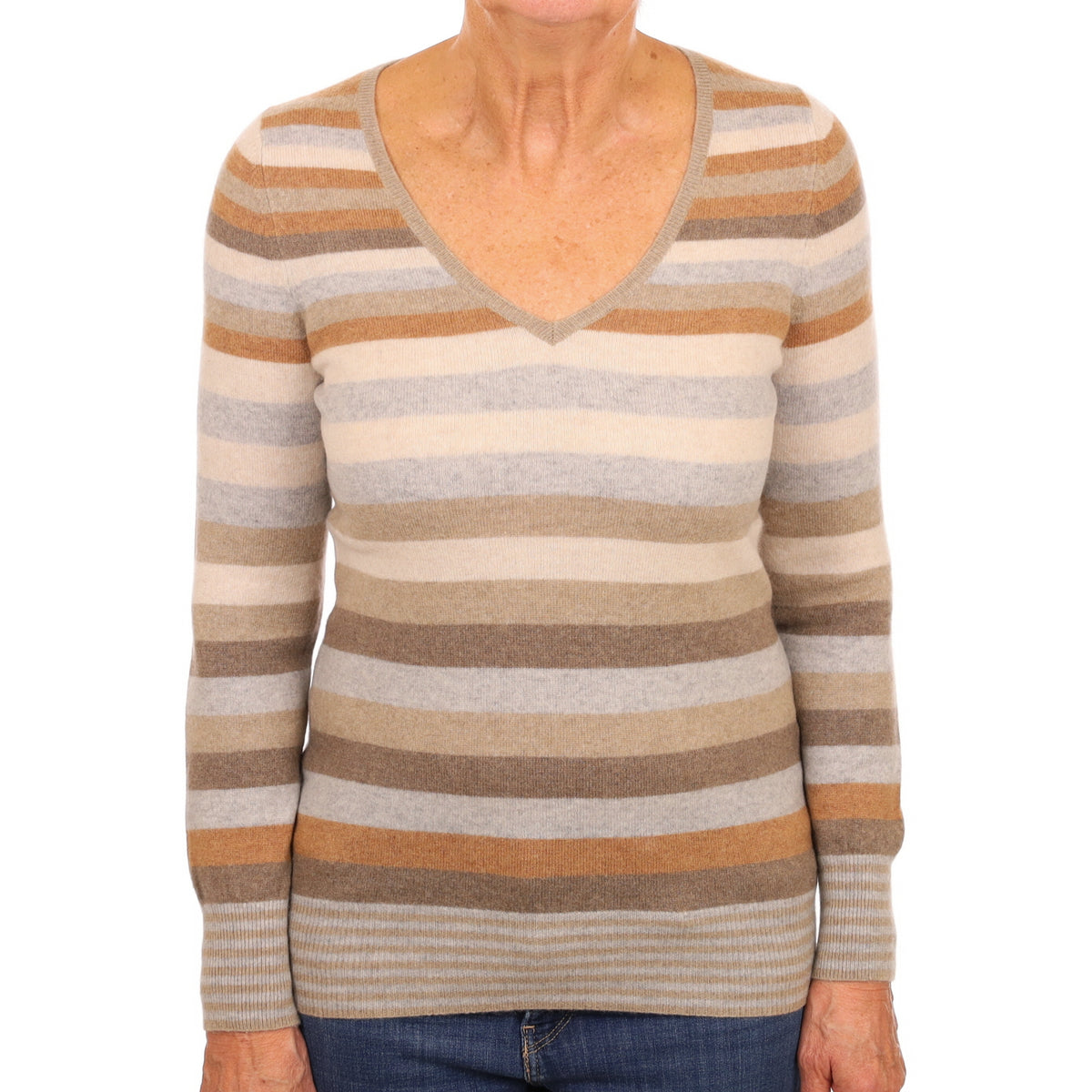 Brown Striped Cashmere V Neck Jumper Medium