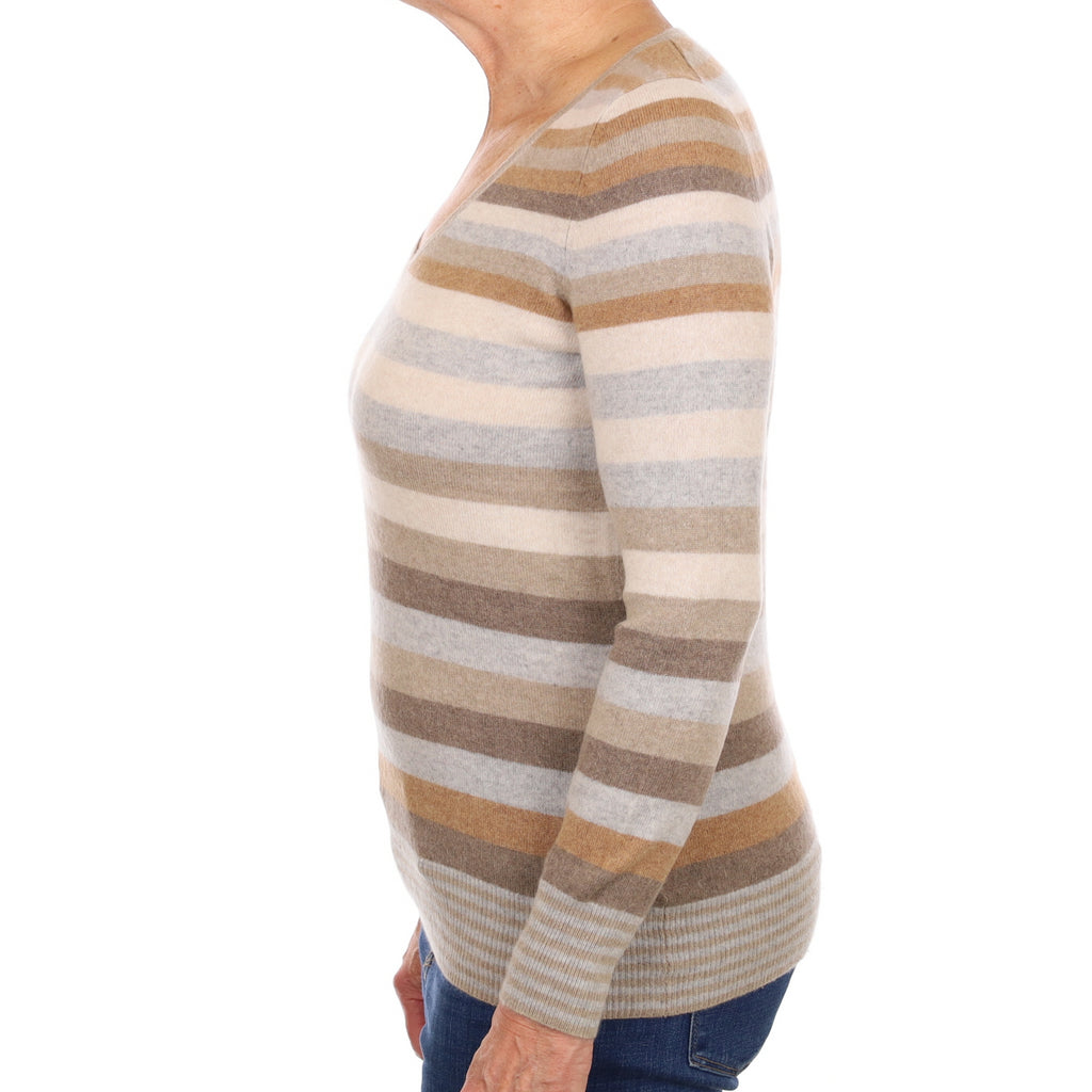 Brown Striped Cashmere V Neck Jumper Medium