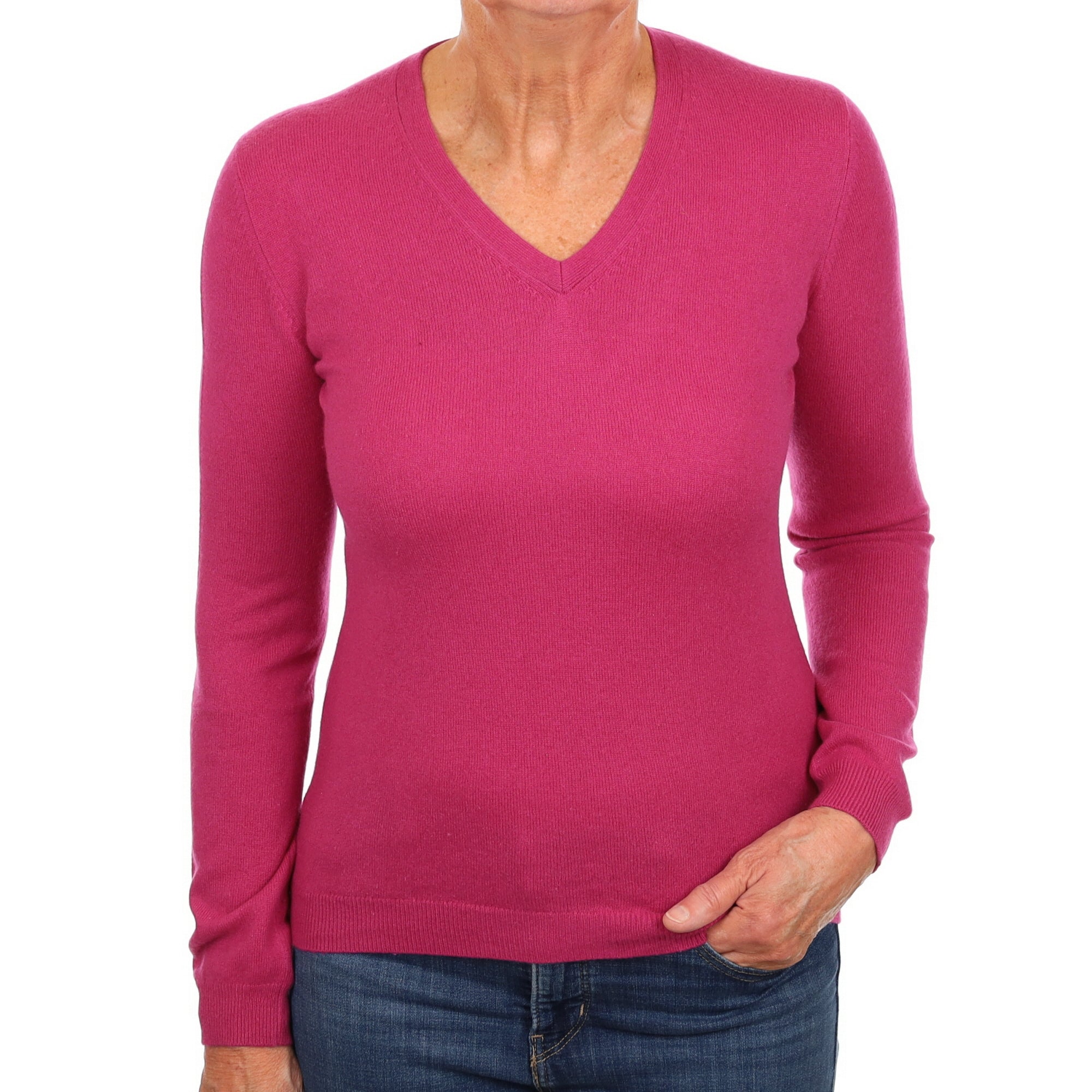 Fuchsia Pink Cashmere V Neck Jumper Medium