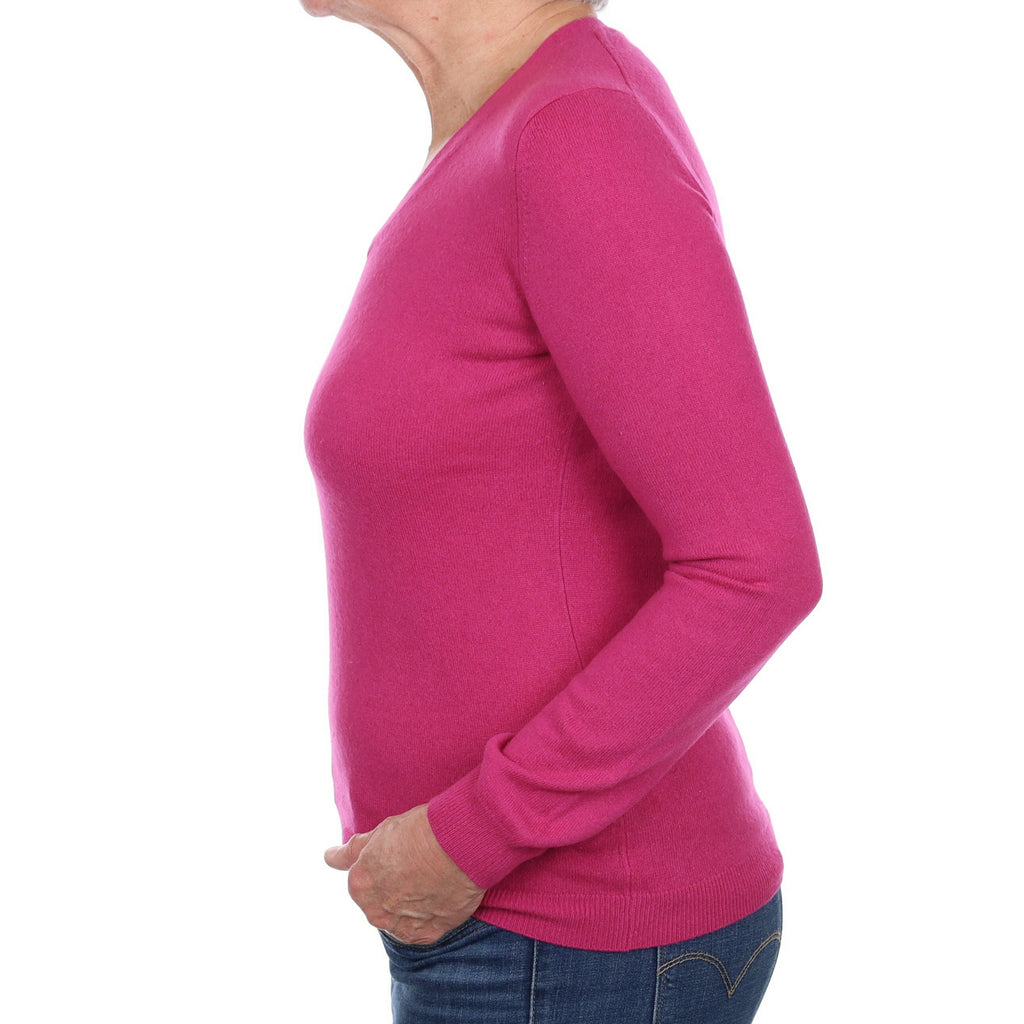 Fuchsia Pink Cashmere V Neck Jumper Medium