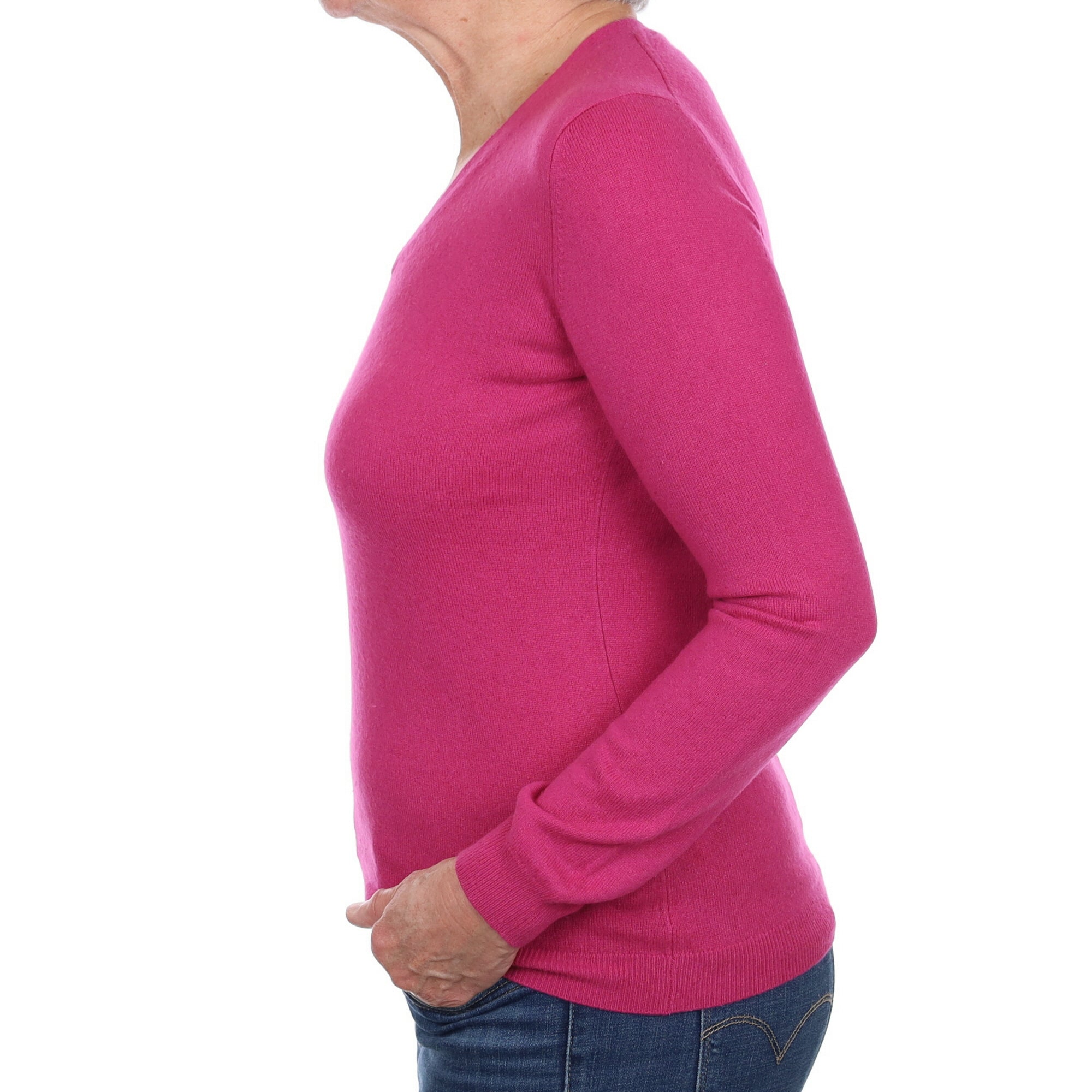 Fuchsia Pink Cashmere V Neck Jumper Medium