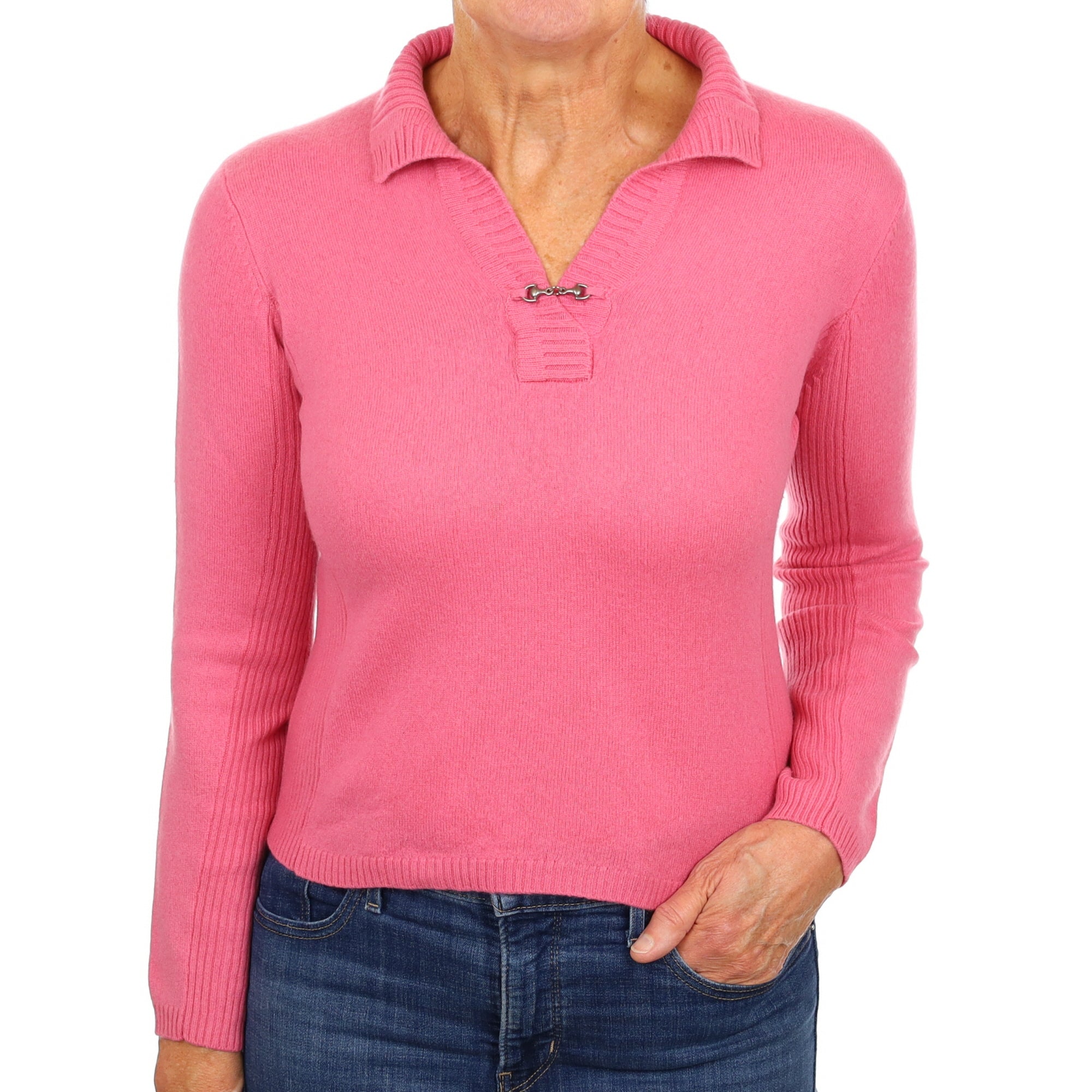Rose Pink Cashmere Collared V Neck Jumper Medium