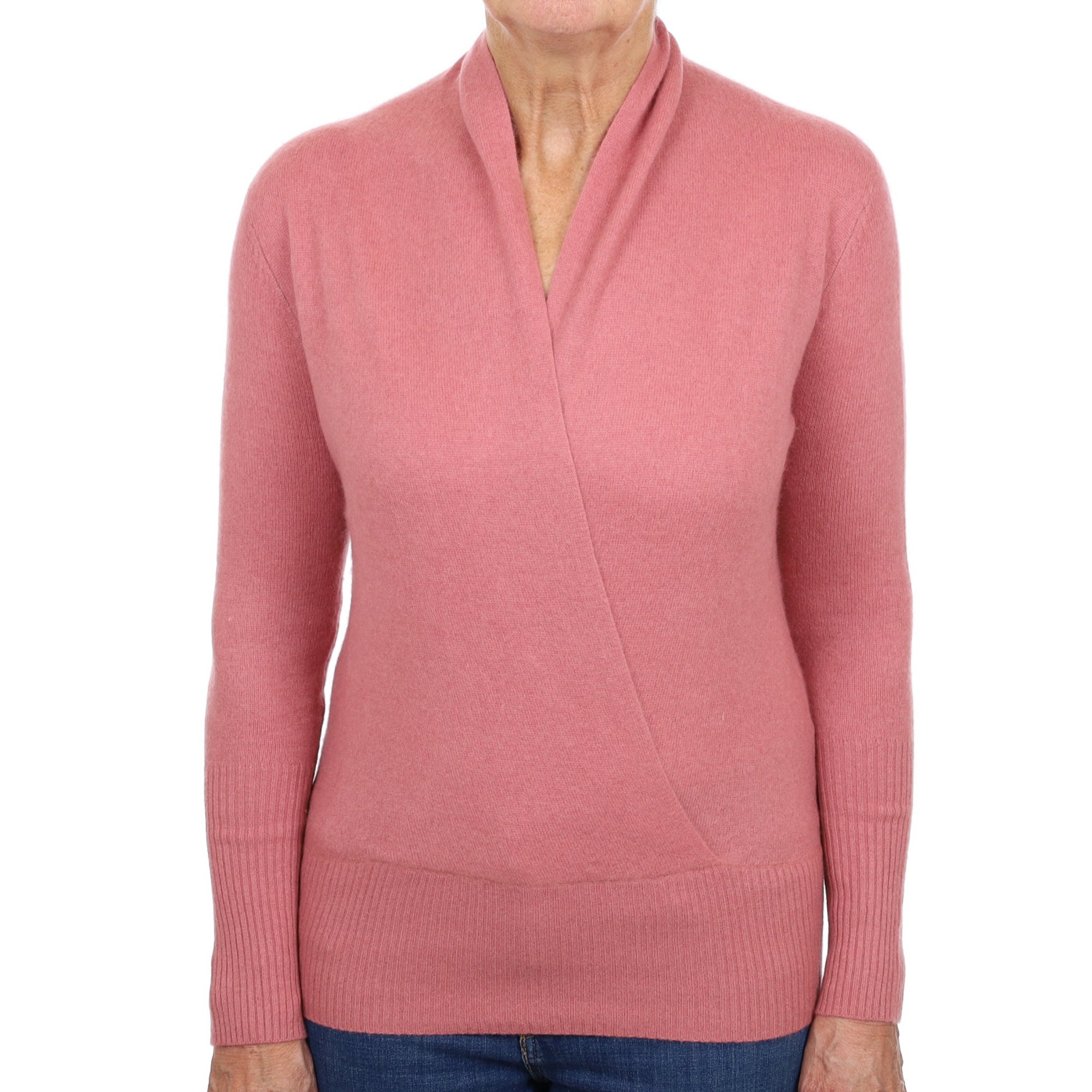 Heather Pink Cashmere Shawl Collared Cross Over V Neck Jumper Medium