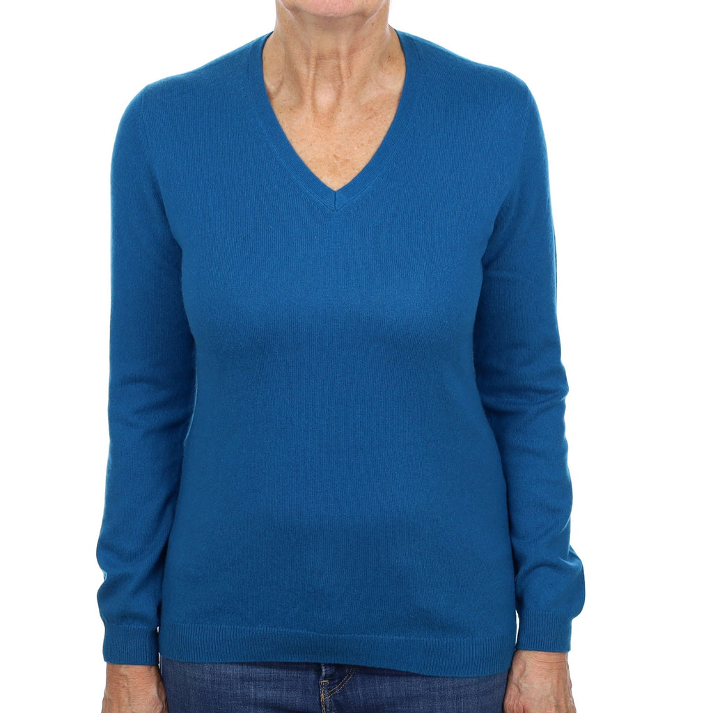 Teal Blue Cashmere V Neck Jumper Medium