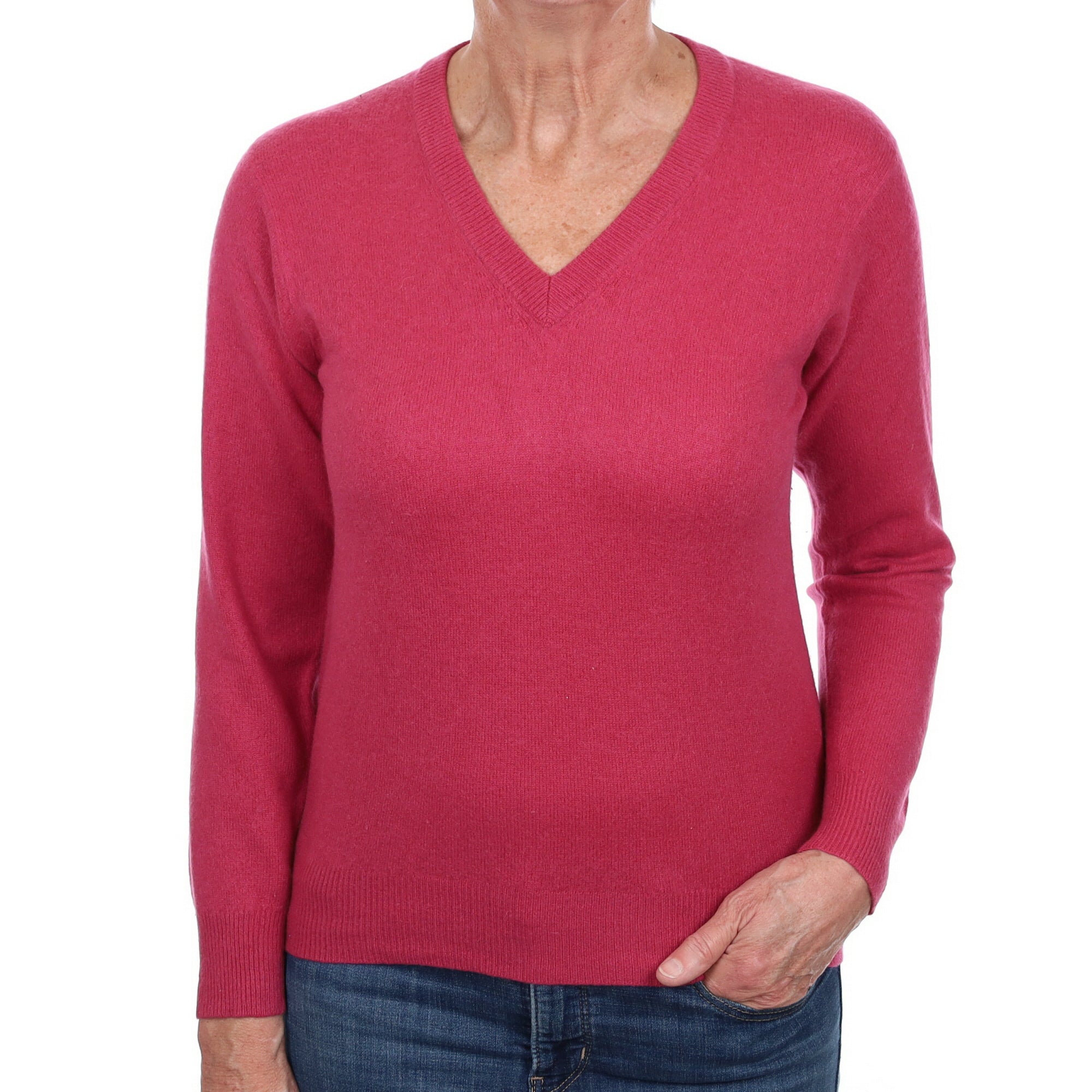 Cranberry Pink Cashmere V Neck Jumper Medium