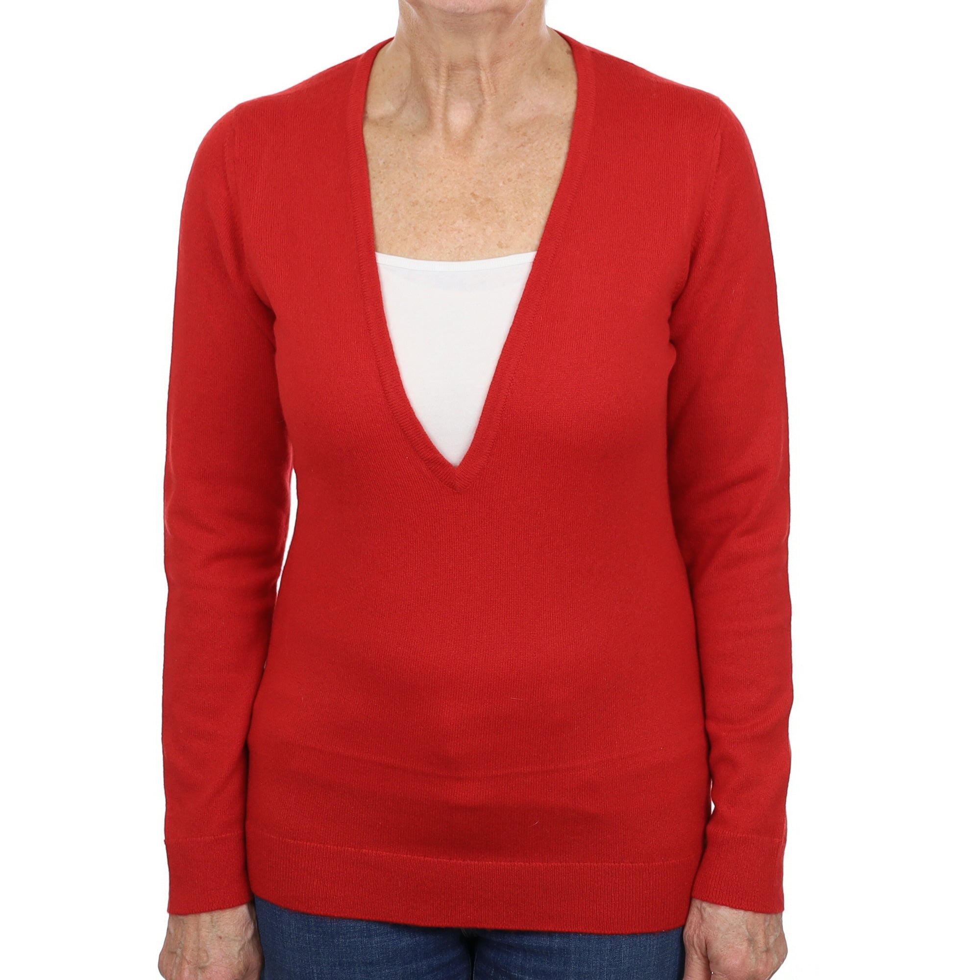 Post Box Red Cashmere Deep V Neck Jumper Medium