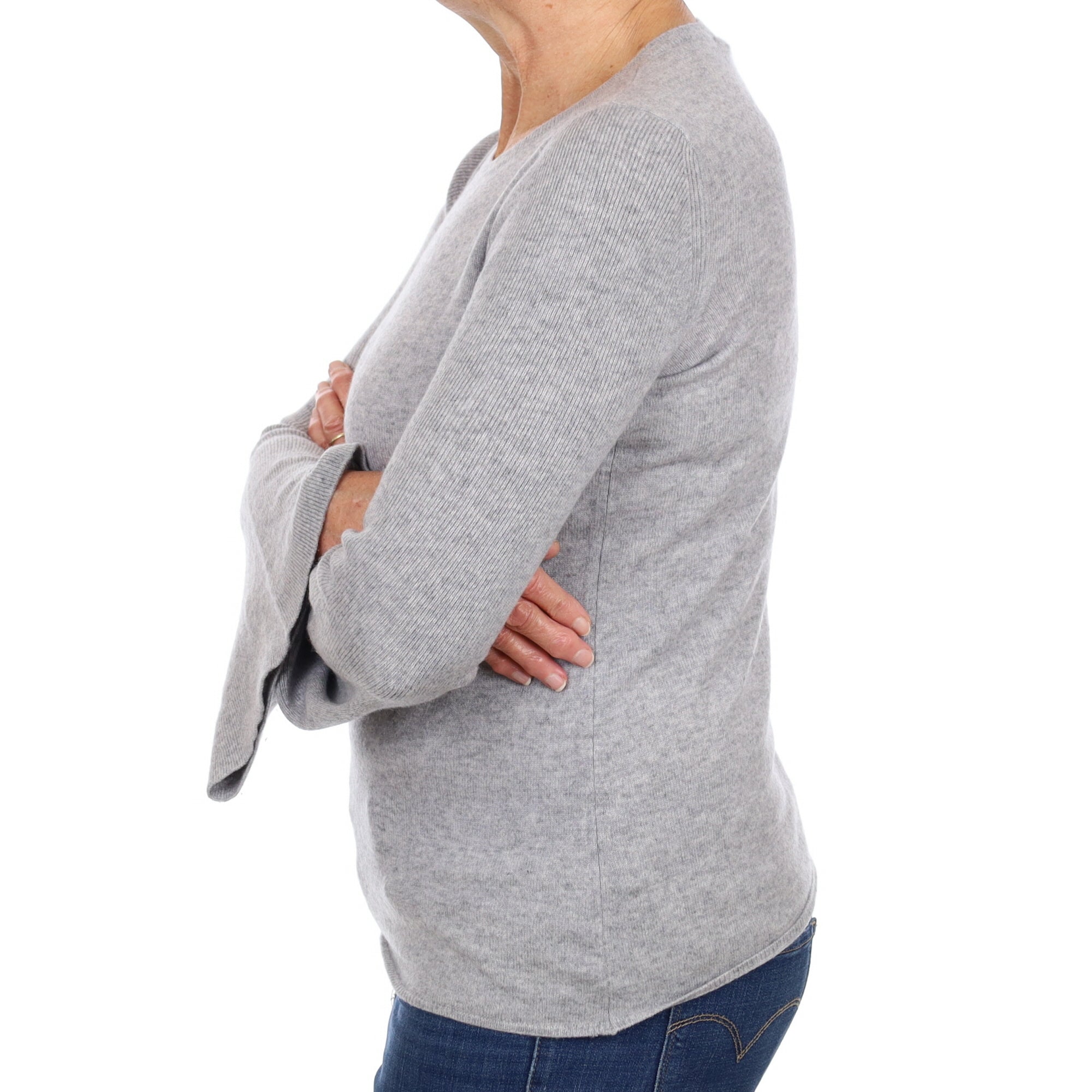 Smoke Grey Cashmere Flared Sleeve Crew Neck Jumper Medium