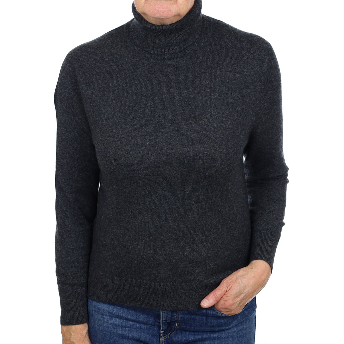 Charcoal Grey Cashmere Polo Neck Jumper Medium