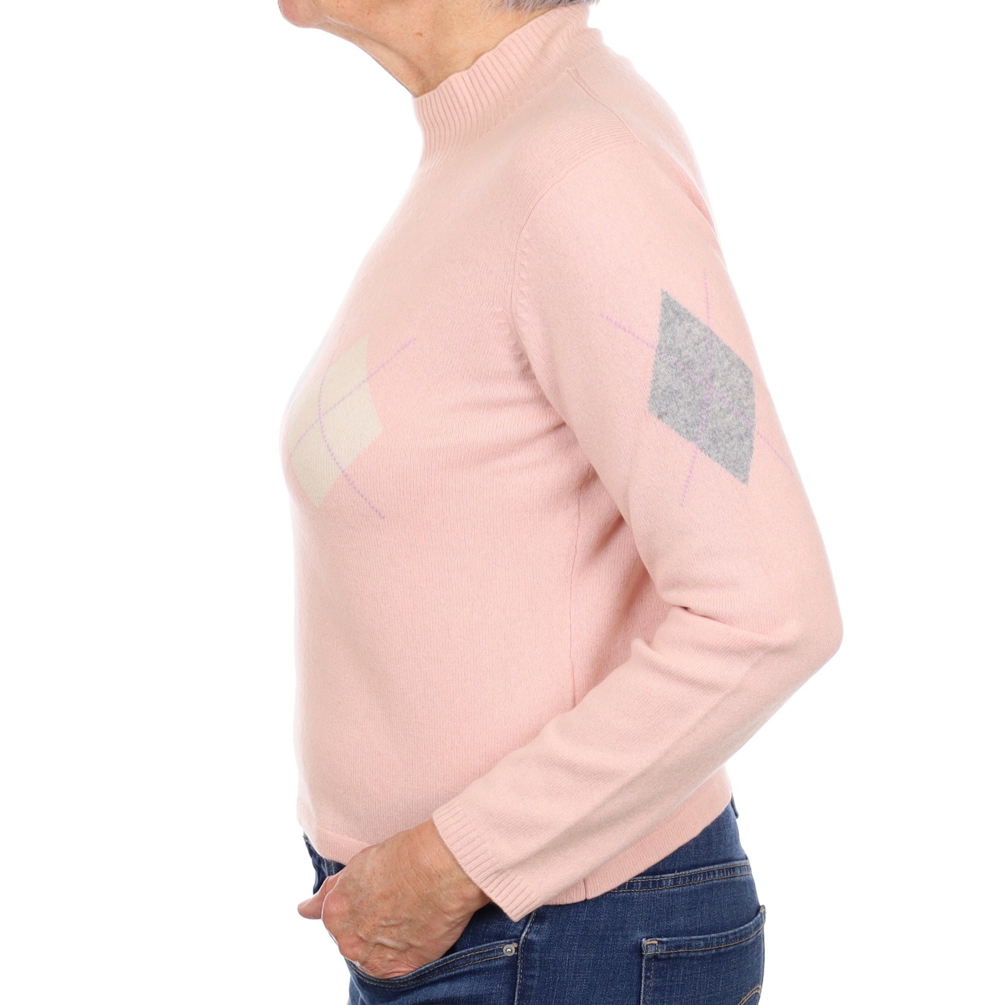 Shell Pink Argyle Cashmere Turtle Neck Jumper Medium