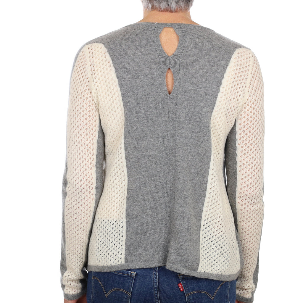 Grey and Cream Lace Knit Cashmere Crew Neck Jumper Medium