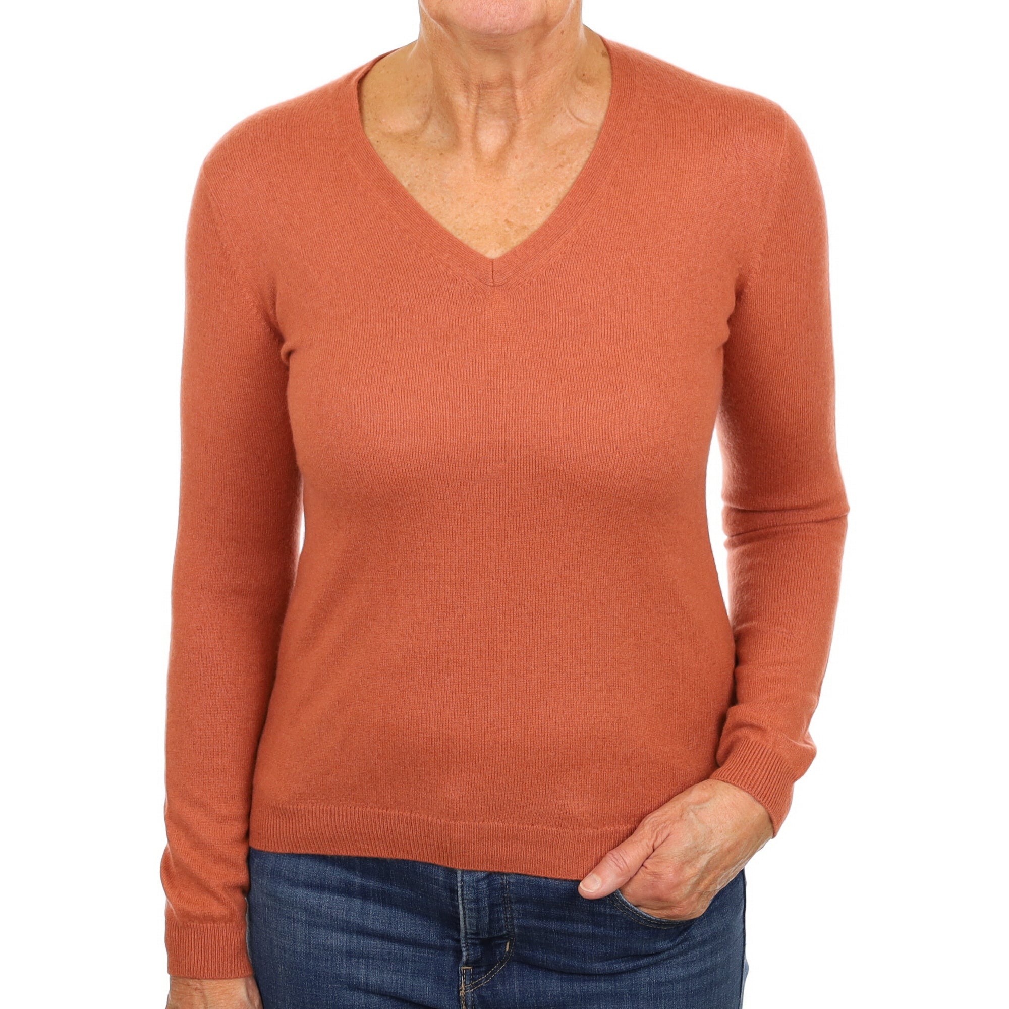 Brick Orange Cashmere V Neck Jumper Medium
