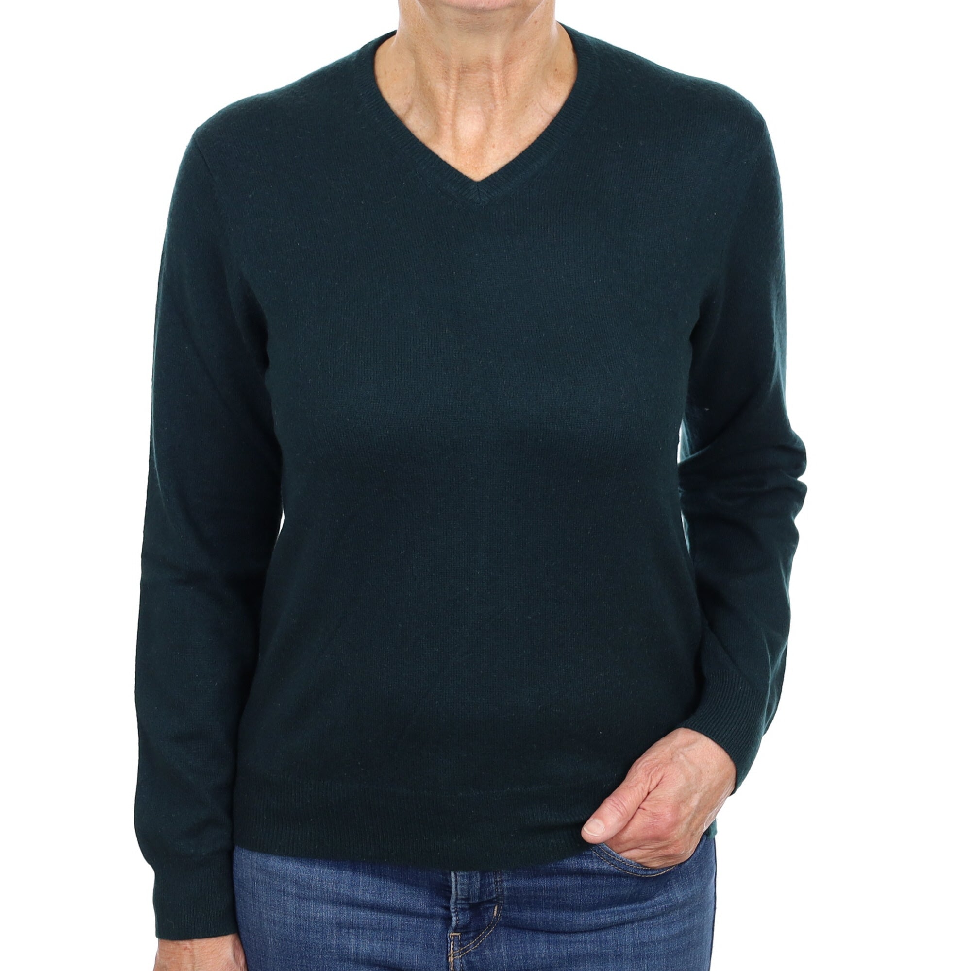 Deepest Forest Green Cashmere V Neck Jumper Medium