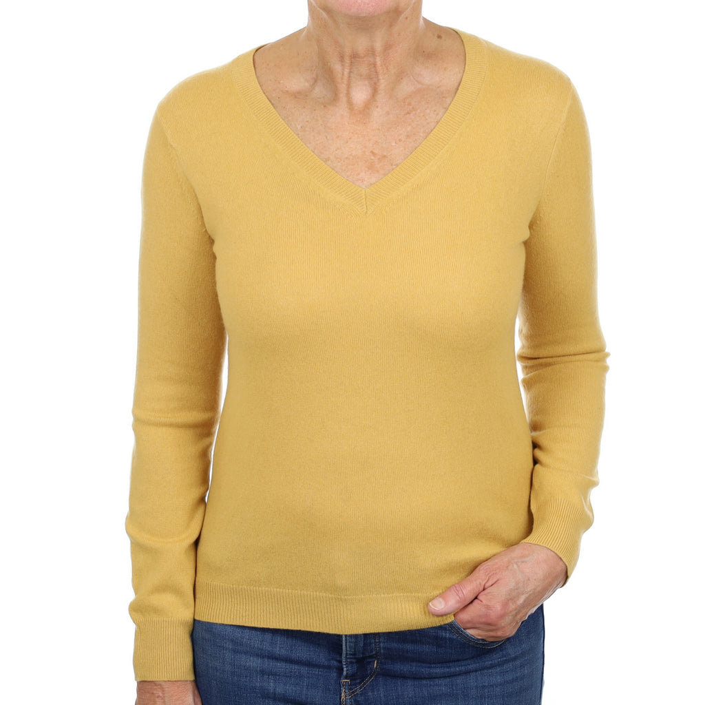 Mustard Yellow Cashmere V Neck Jumper Medium