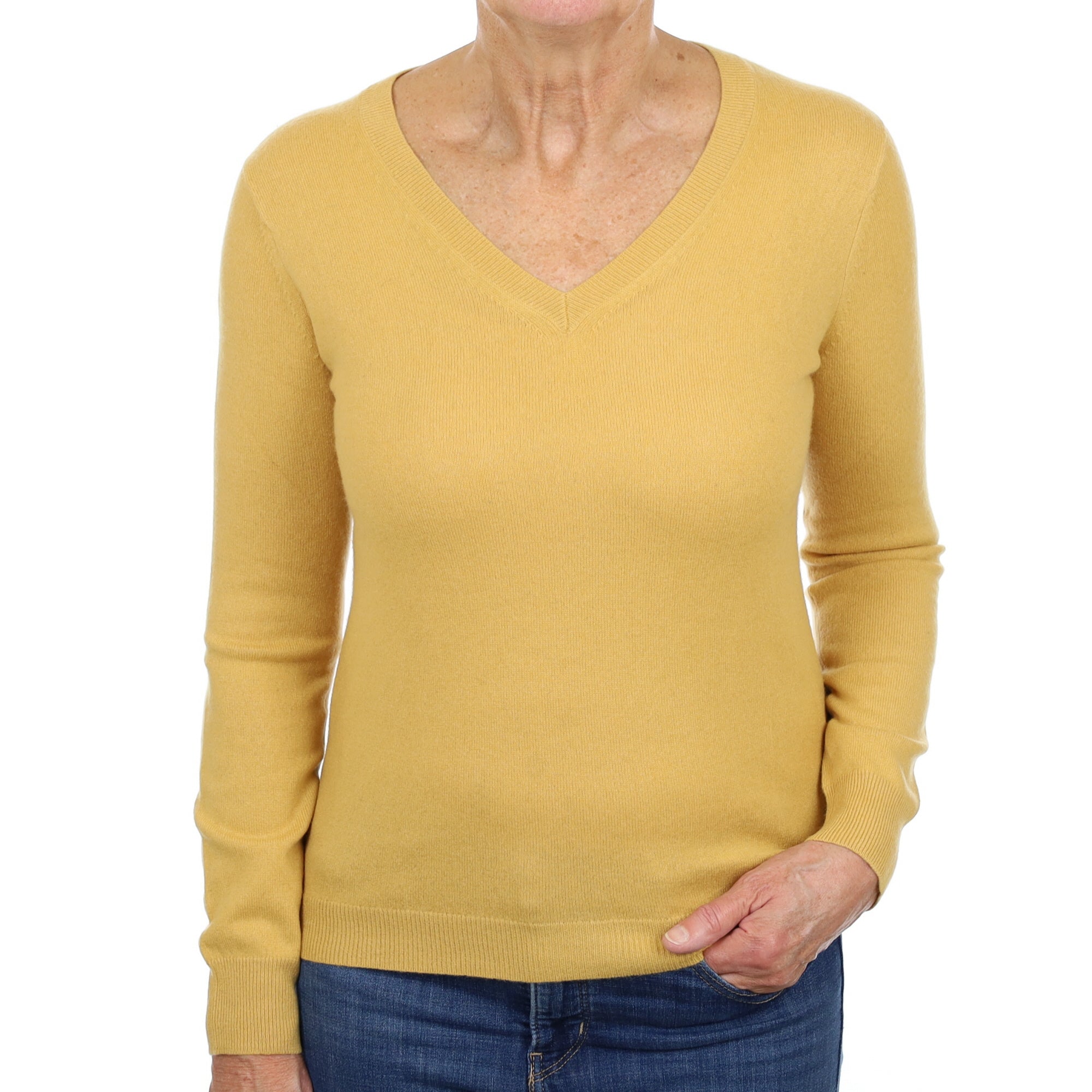 Mustard Yellow Cashmere V Neck Jumper Medium