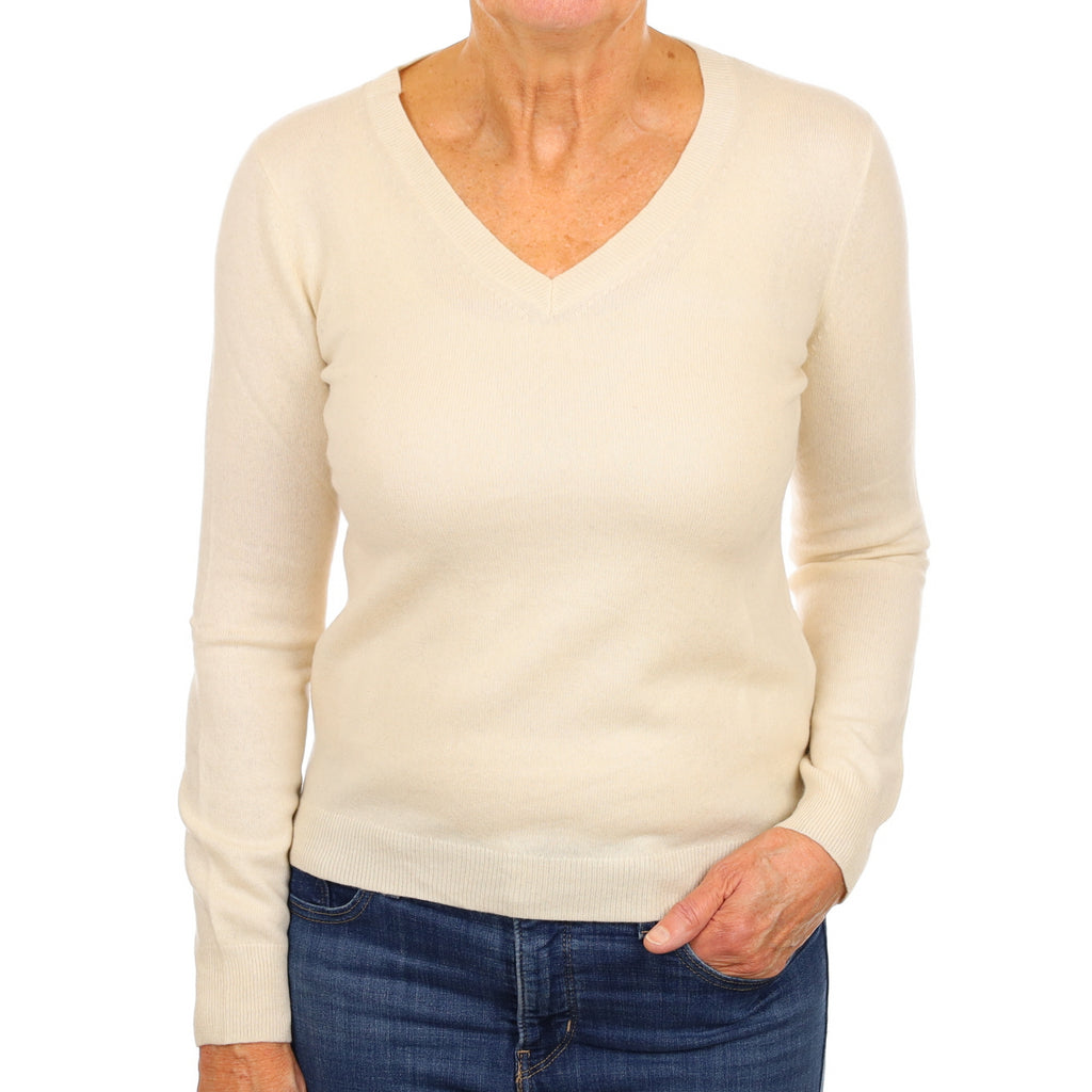 Vanilla Cream Cashmere V Neck Jumper Medium