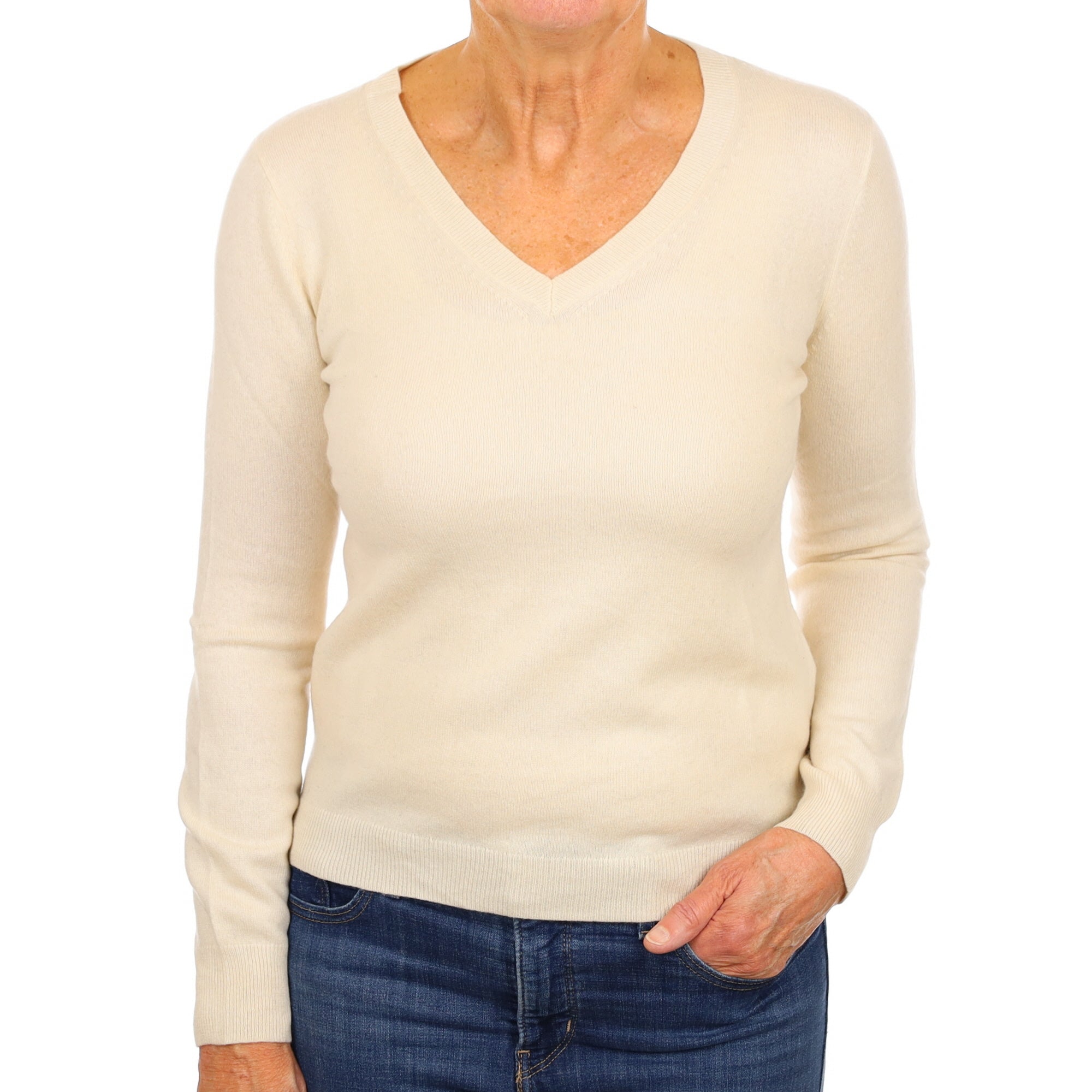 Vanilla Cream Cashmere V Neck Jumper Medium
